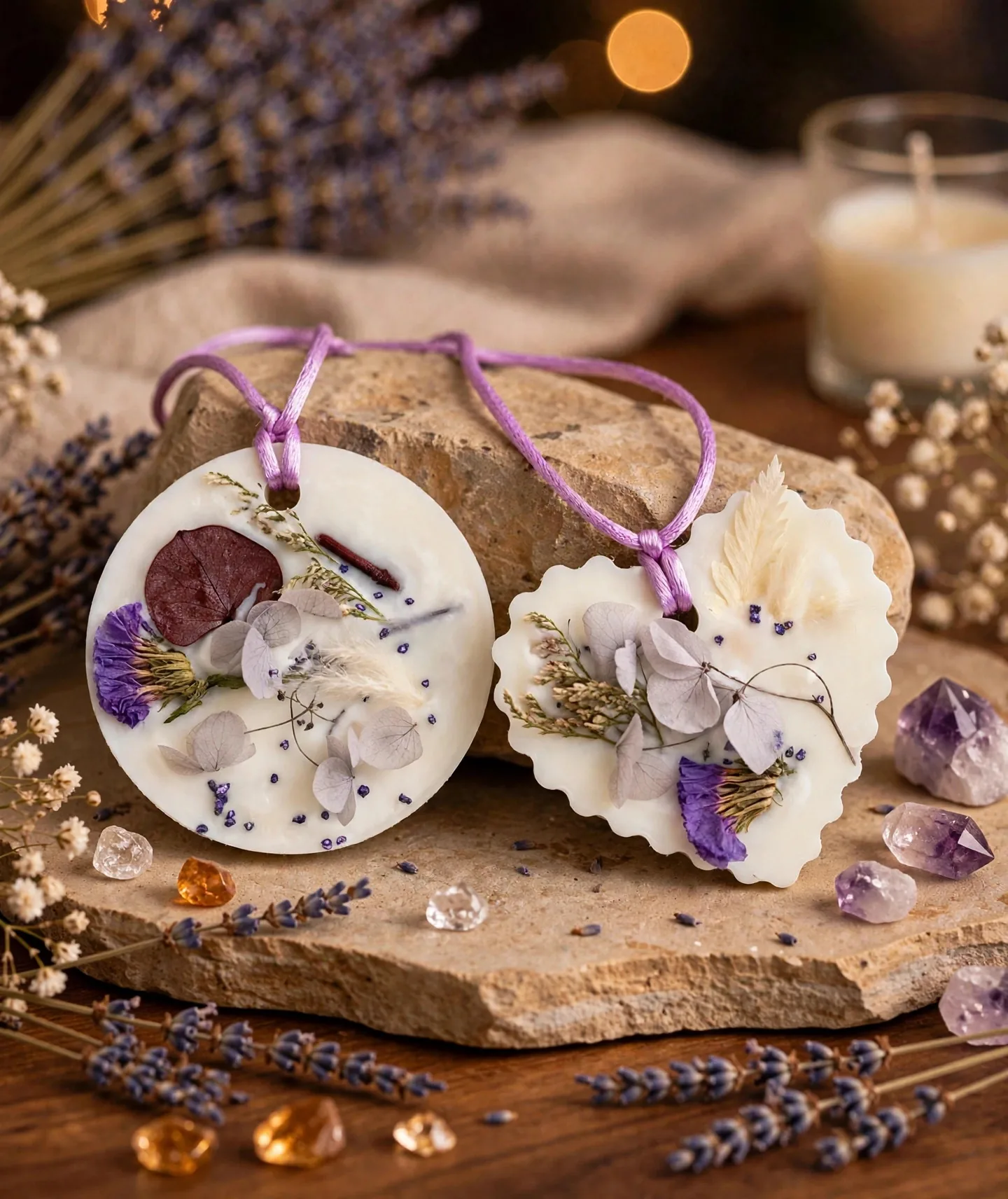 Lavender Soy Wax Sachet — lit with a warm flame