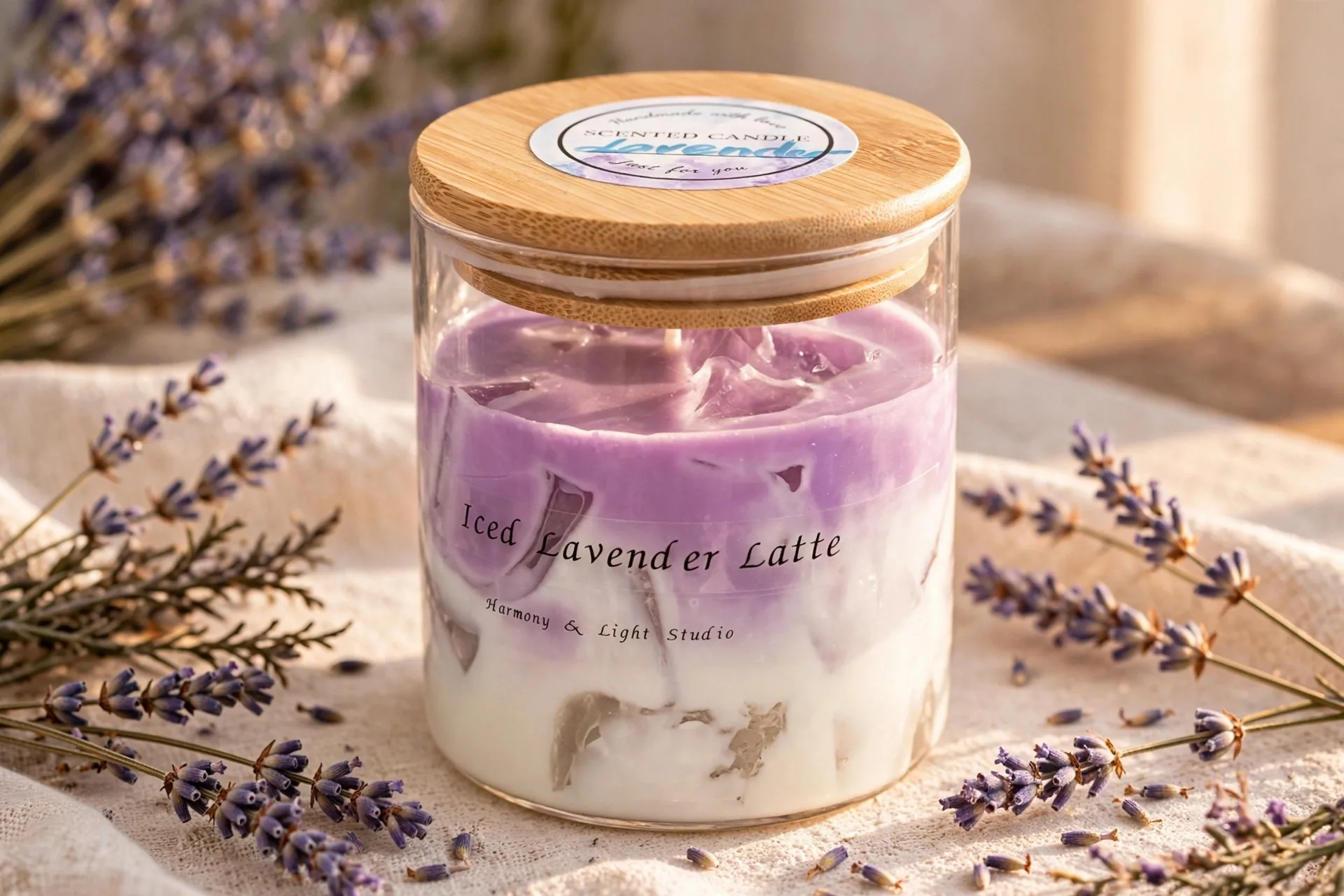 Handmade Lavender Latte Candle: Iced Cube Design — close-up detail