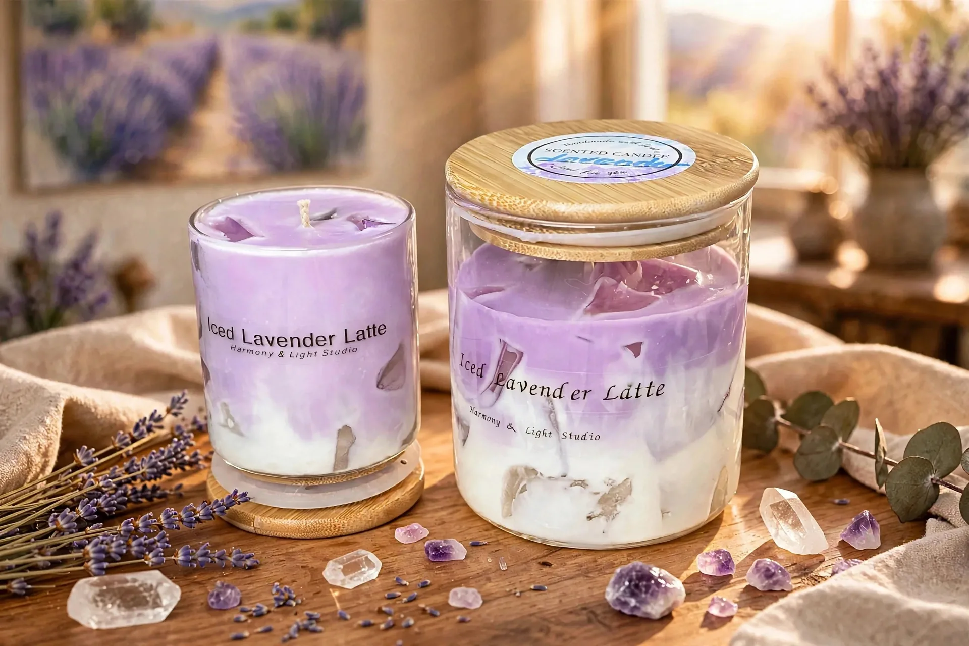 Handmade Lavender Latte Candle: Iced Cube Design — lifestyle photo