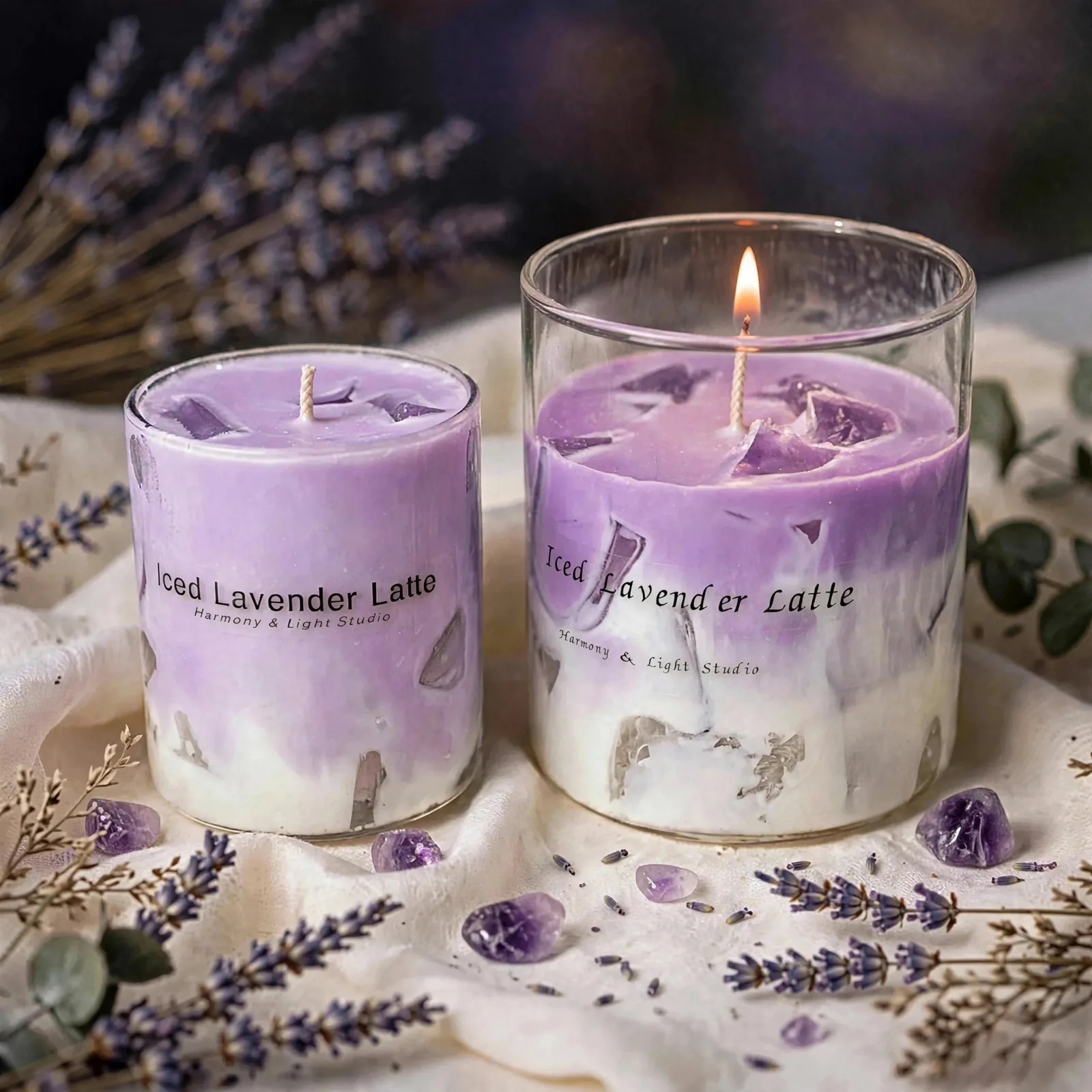 Handmade Lavender Latte Candle: Iced Cube Design — lit with a warm flame
