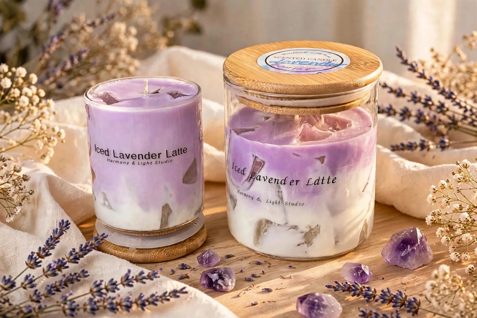 Handmade Lavender Latte Candle: Iced Cube Design — styled home decor scene