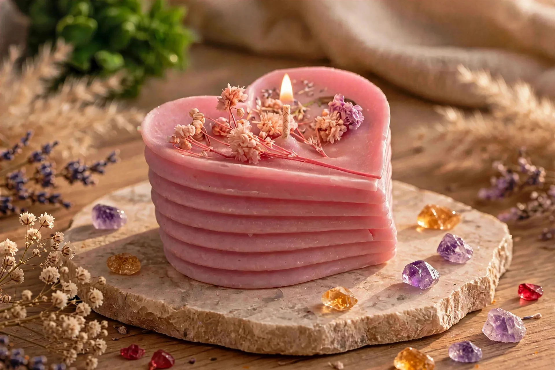 Handcrafted Heart Pillar Candle: Coconut Soy Wax with — lit with a warm flame