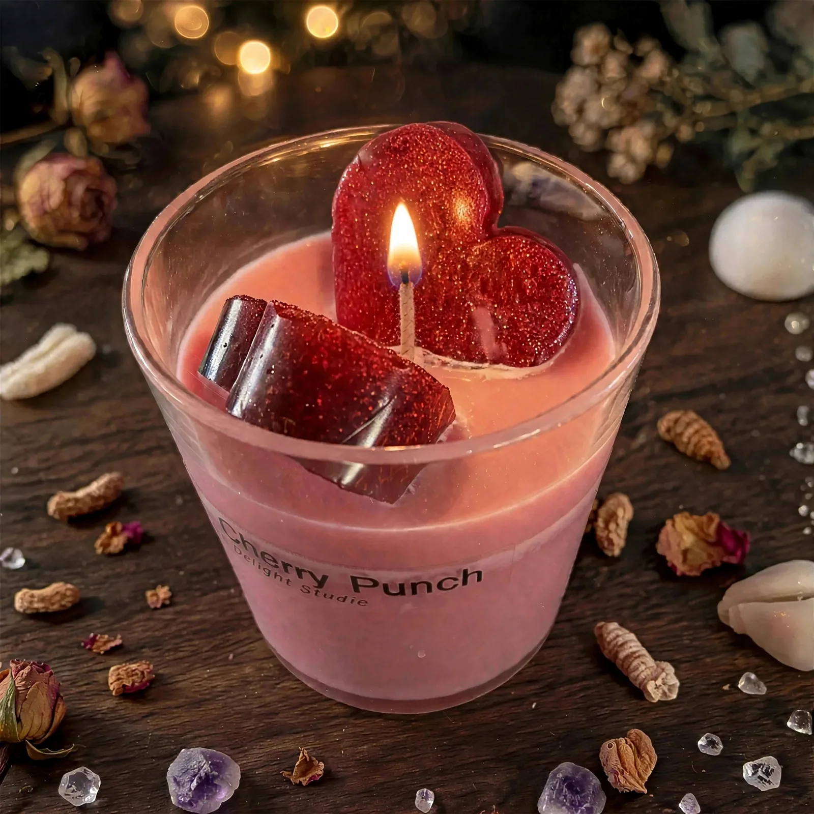 Unique Soy Blend Candle: Hawaiian Cherry Punch Delight — lit with a warm flame