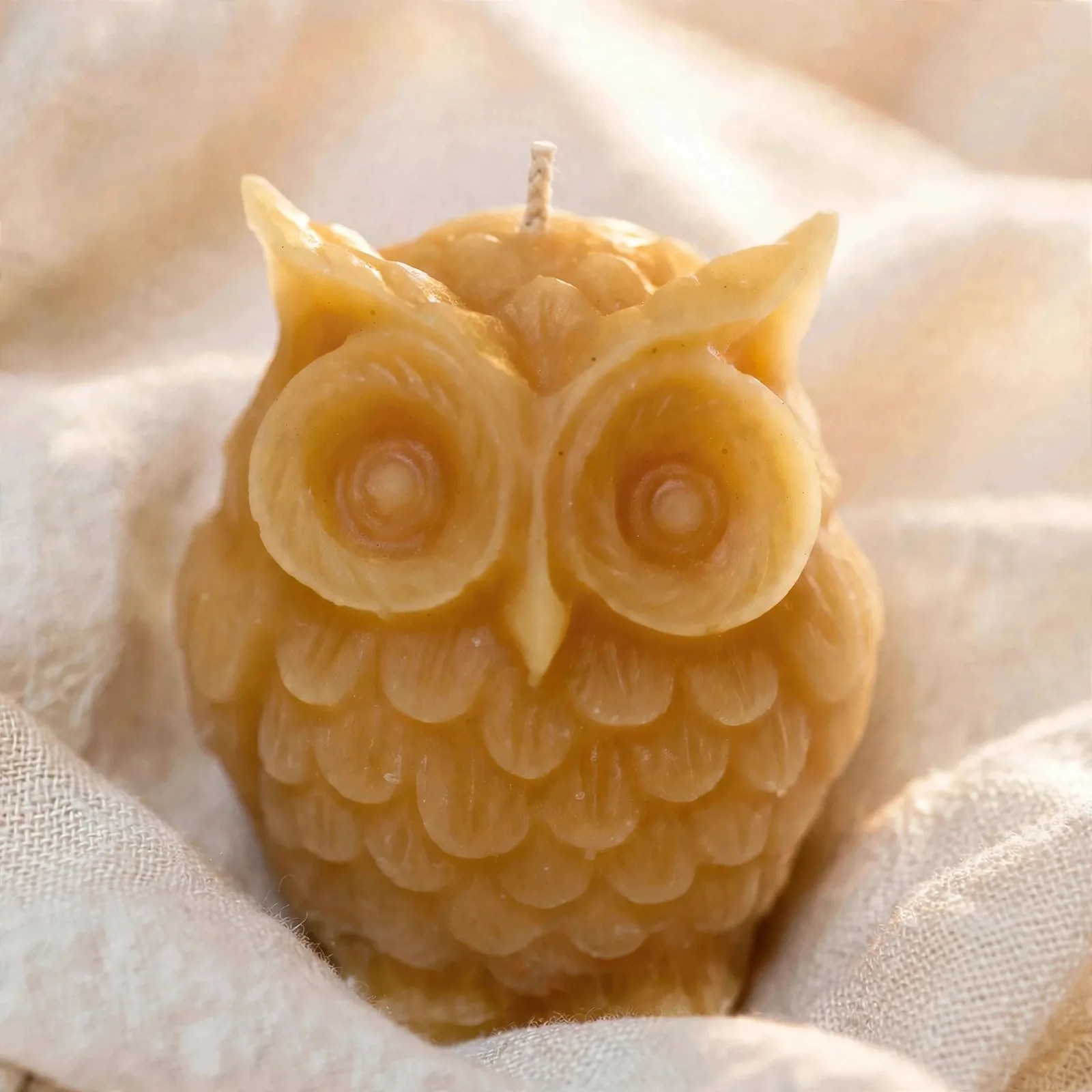 Handmade Beeswax Owl Candle: Balsam Fir Scented Home — close-up detail