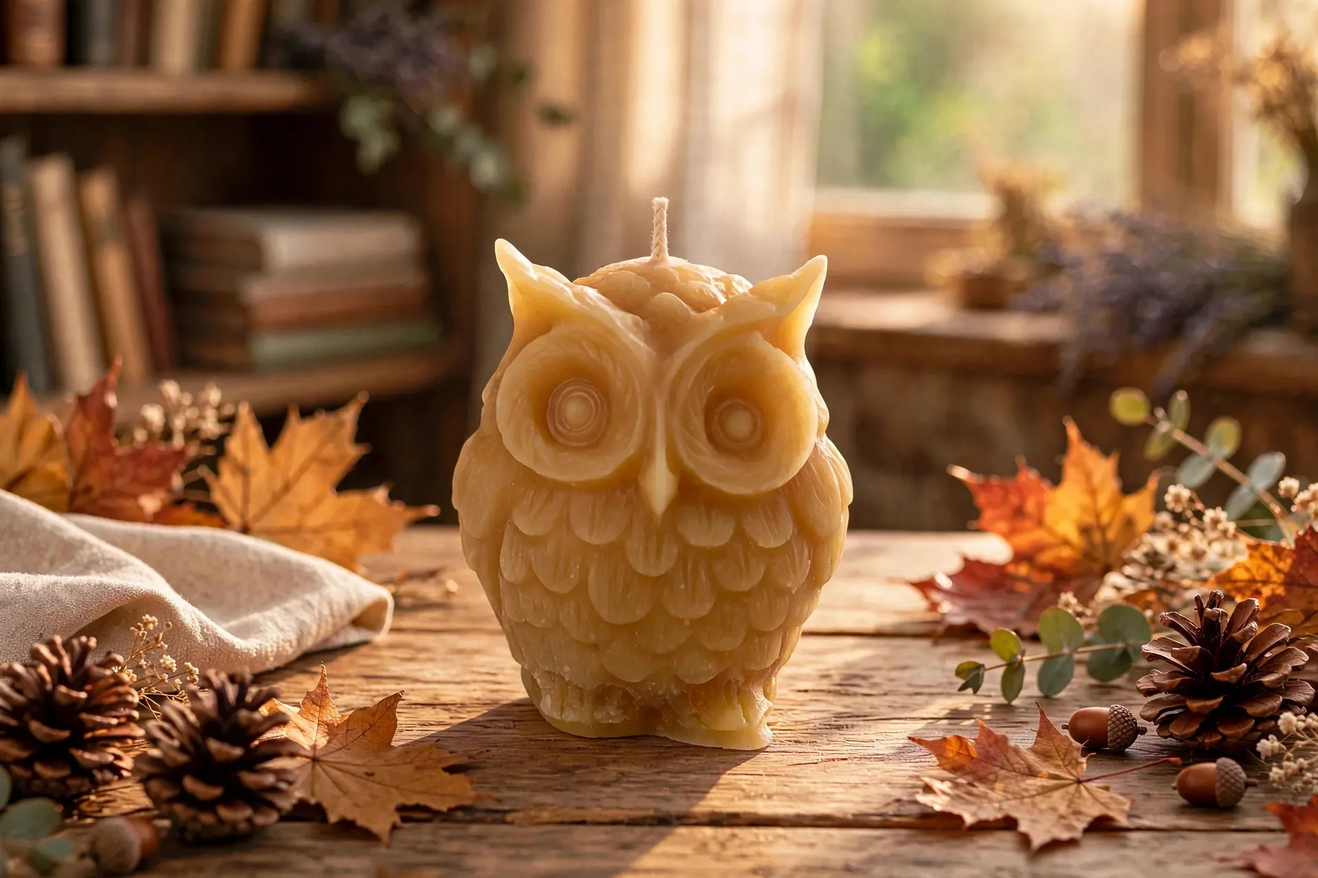 Handmade Beeswax Owl Candle: Balsam Fir Scented Home — lifestyle photo