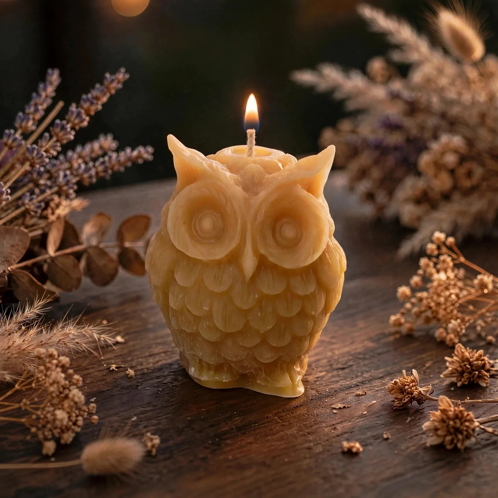 Handmade Beeswax Owl Candle: Balsam Fir Scented Home — lit with a warm flame