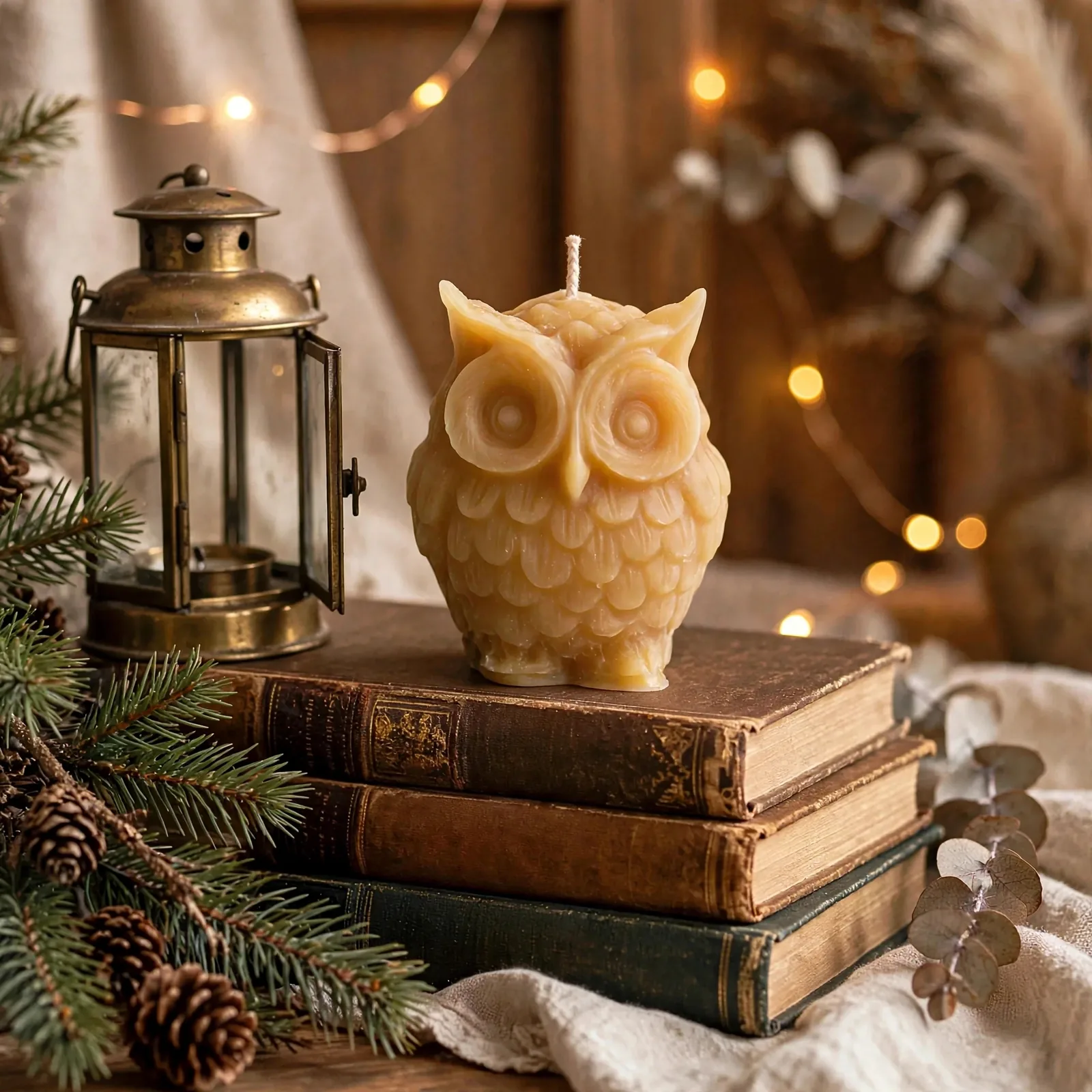 Handmade Beeswax Owl Candle: Balsam Fir Scented Home — styled home decor scene
