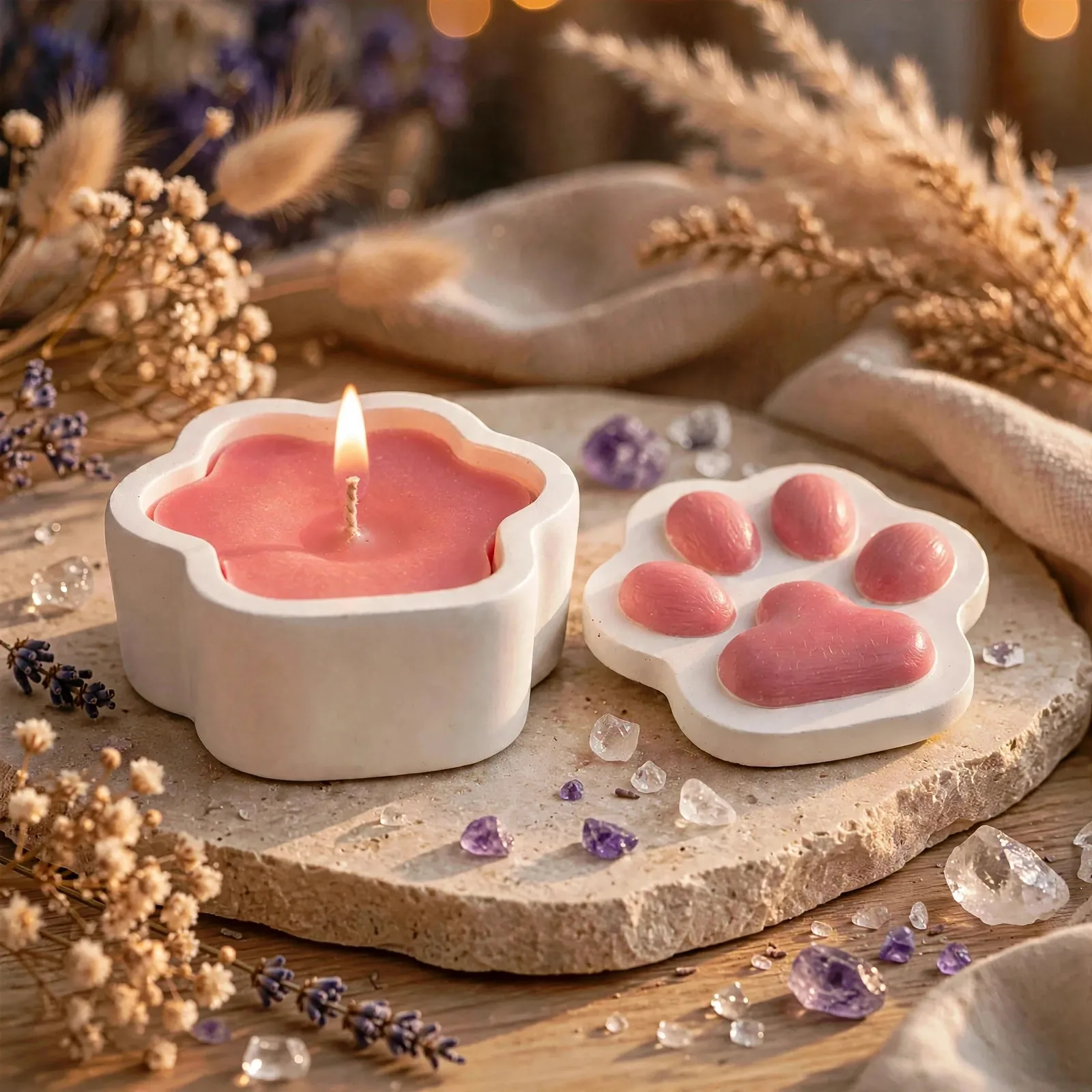 Paw Print Soy Candle: Pet Lover Gift — lit with a warm flame