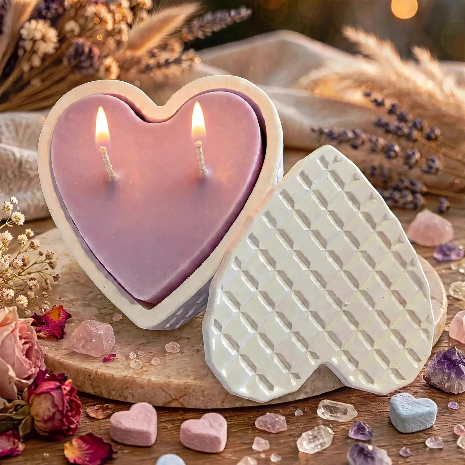 Heart Shaped Soy Candle: Scented Jesmonite Vessel — lit with a warm flame