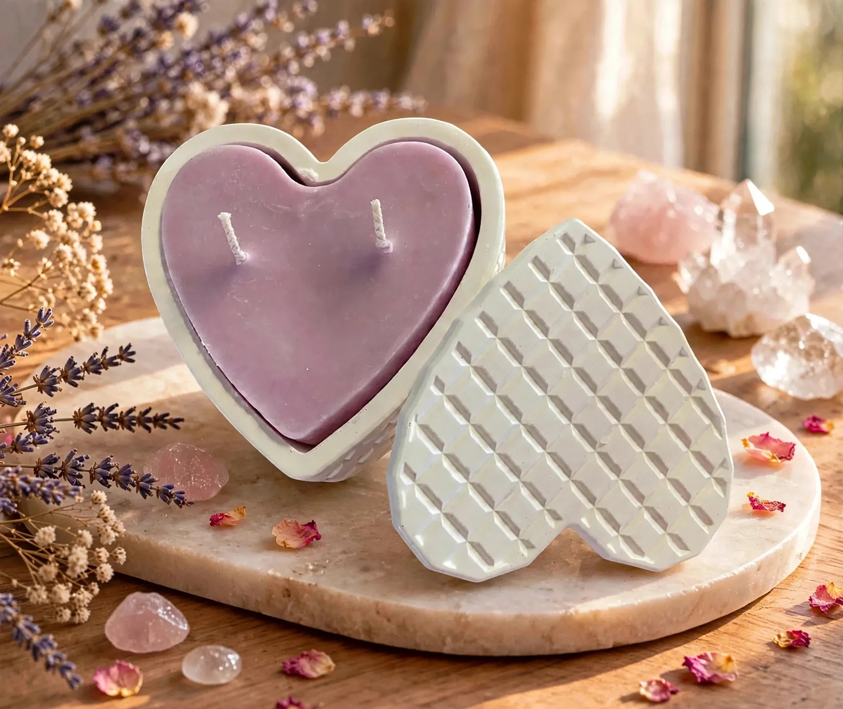 Heart Shaped Soy Candle: Scented Jesmonite Vessel — styled home decor scene