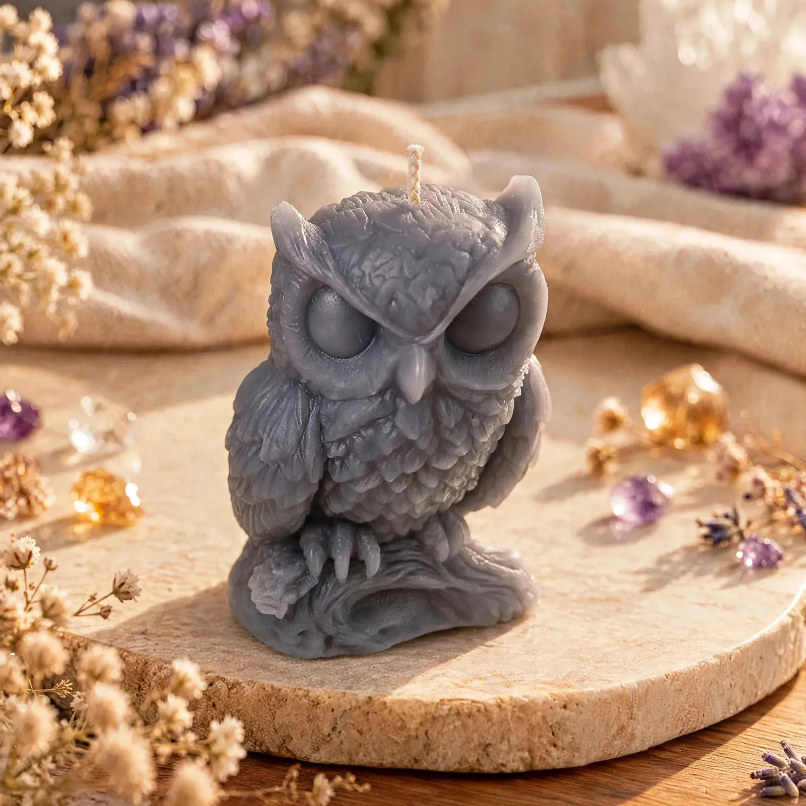 Sleeping Owl Beeswax Candle — close-up detail