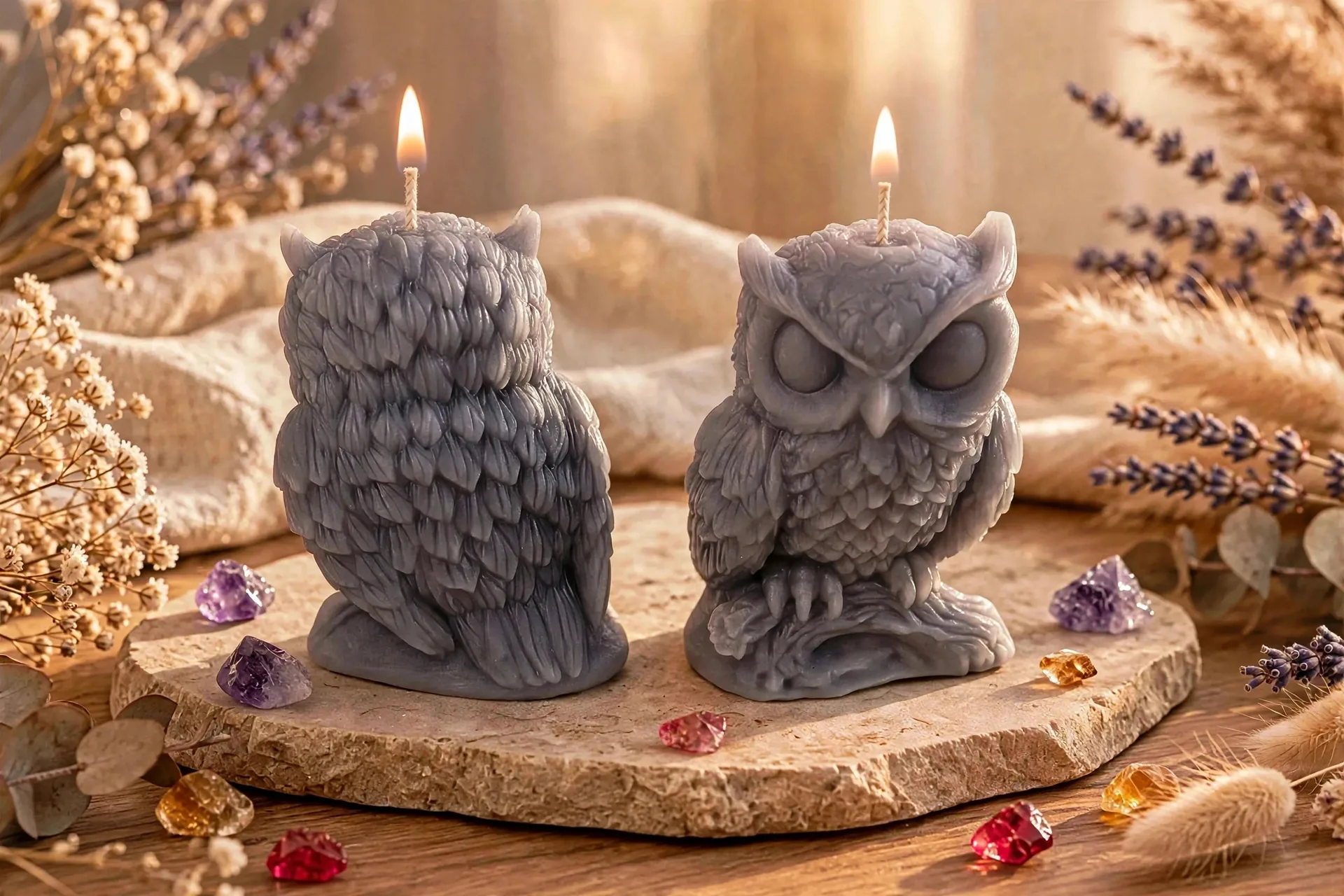Sleeping Owl Beeswax Candle — lit with a warm flame