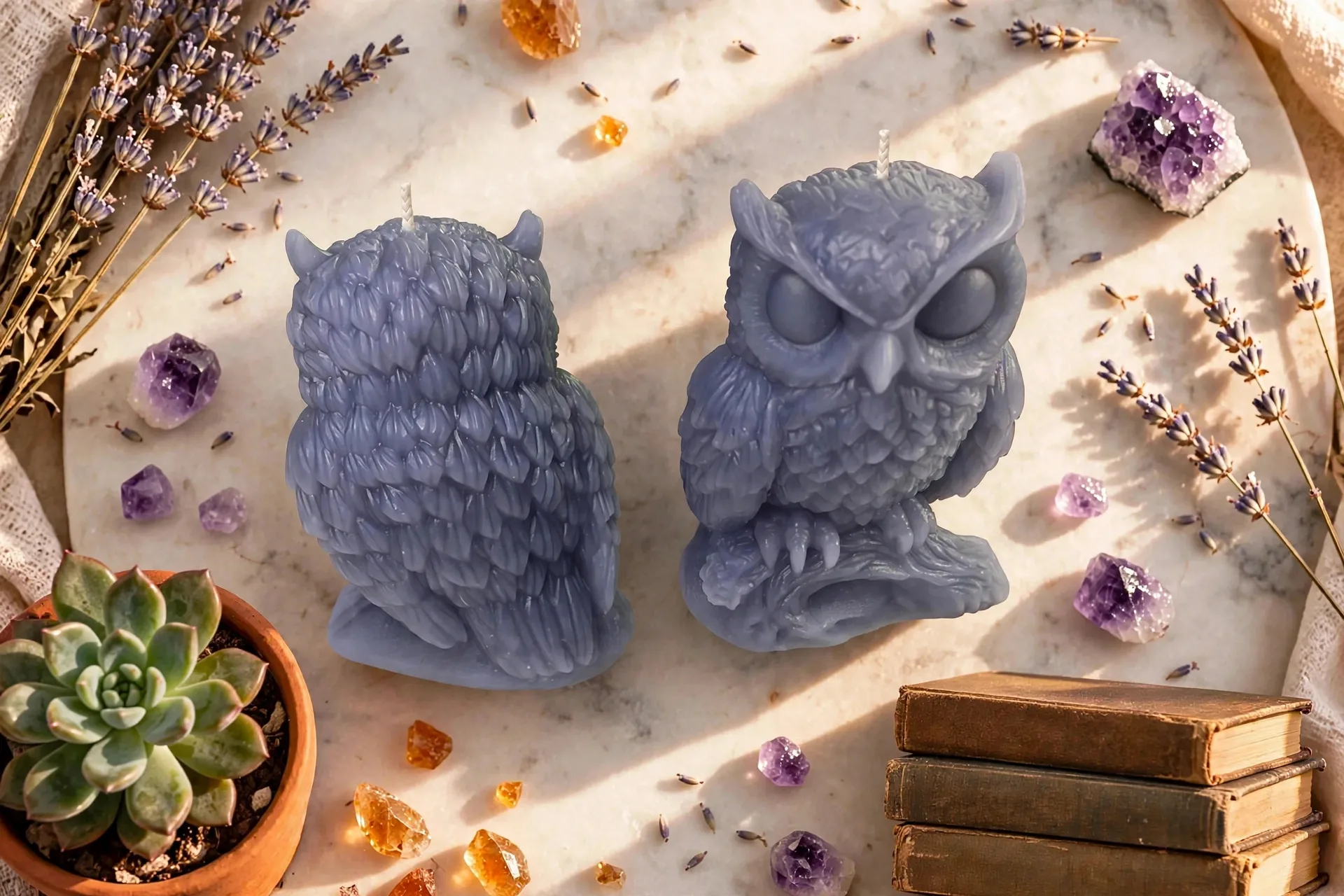 Sleeping Owl Beeswax Candle — styled home decor scene