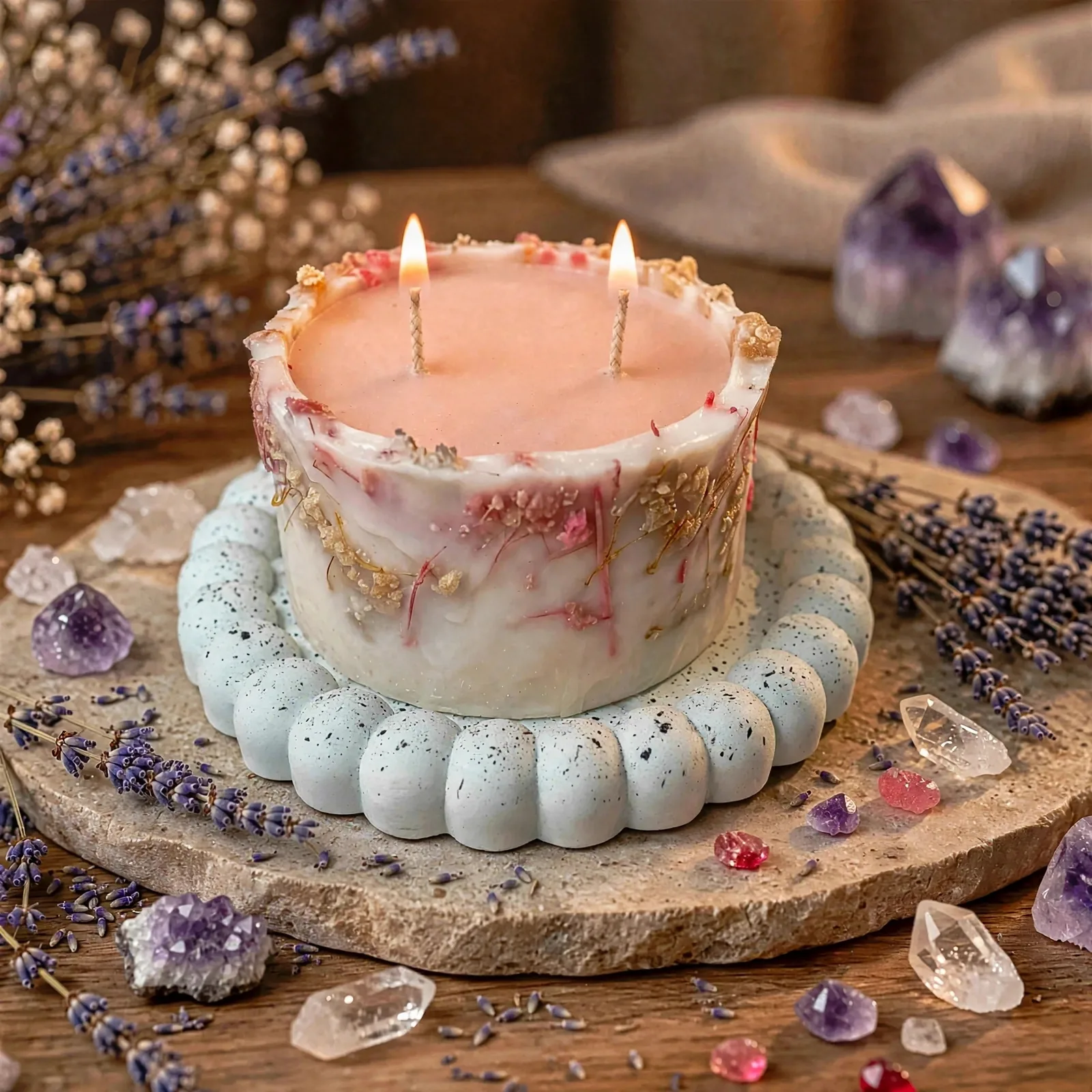 Lavender Flower Candle — lit with a warm flame