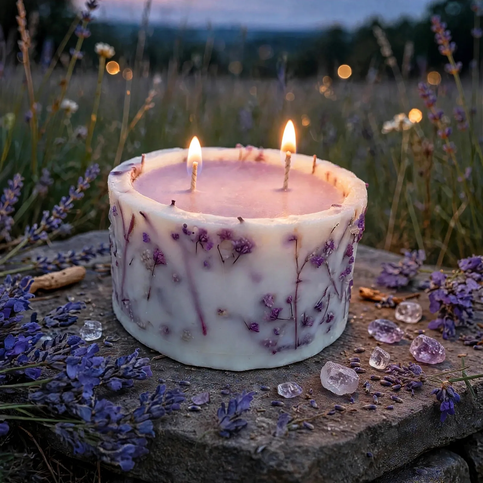 Lavender Negroni Dried Flower Candle — lit with a warm flame