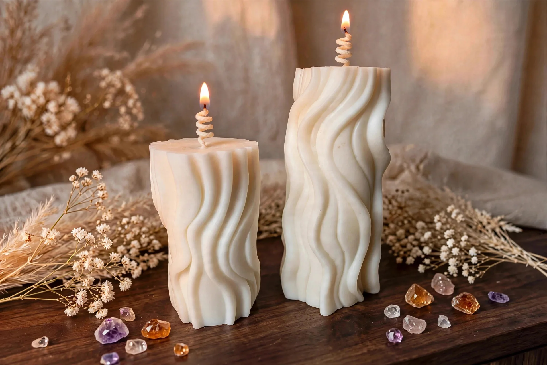 White Bubble Candle: Coconut Soy Wax, Modern Home Decor — lit with a warm flame