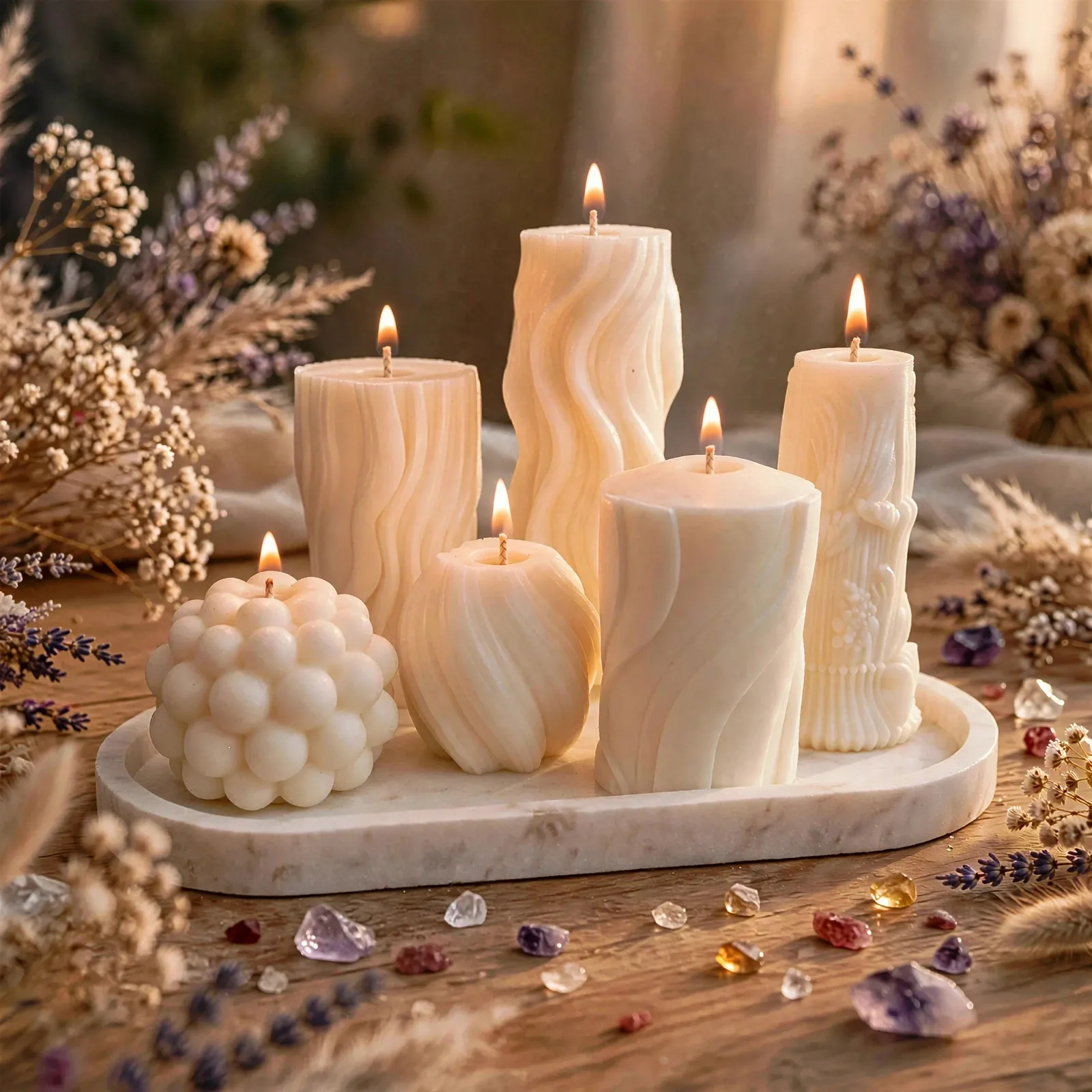 White Pillar Candle Collection: Modern Home Decor — lit with a warm flame