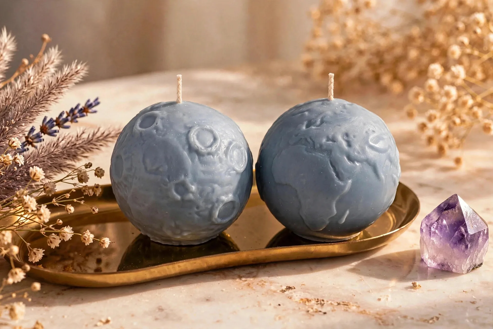3D Earth & Moon Candle Set — close-up detail