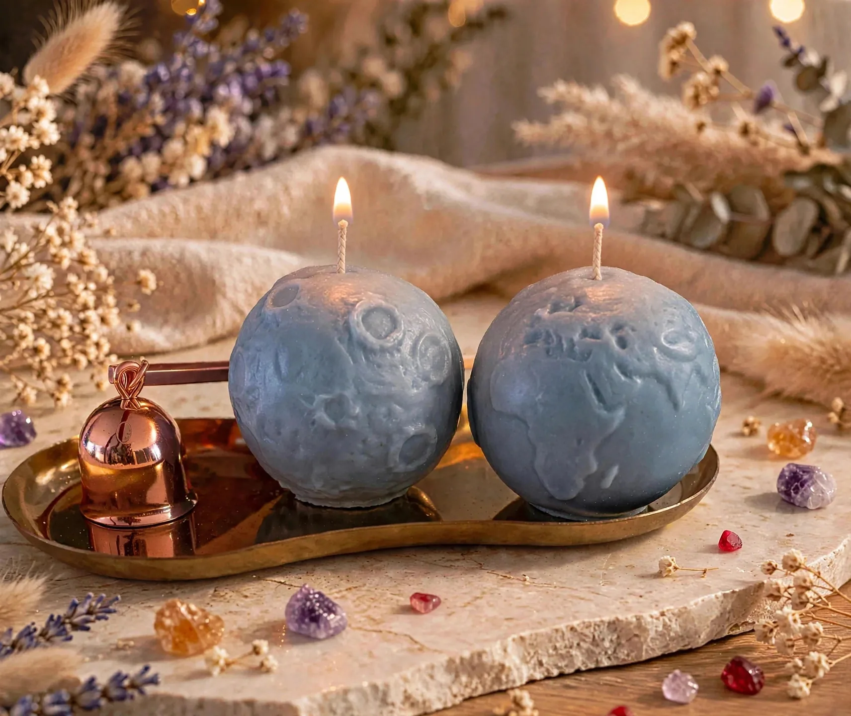 3D Earth & Moon Candle Set — lit with a warm flame