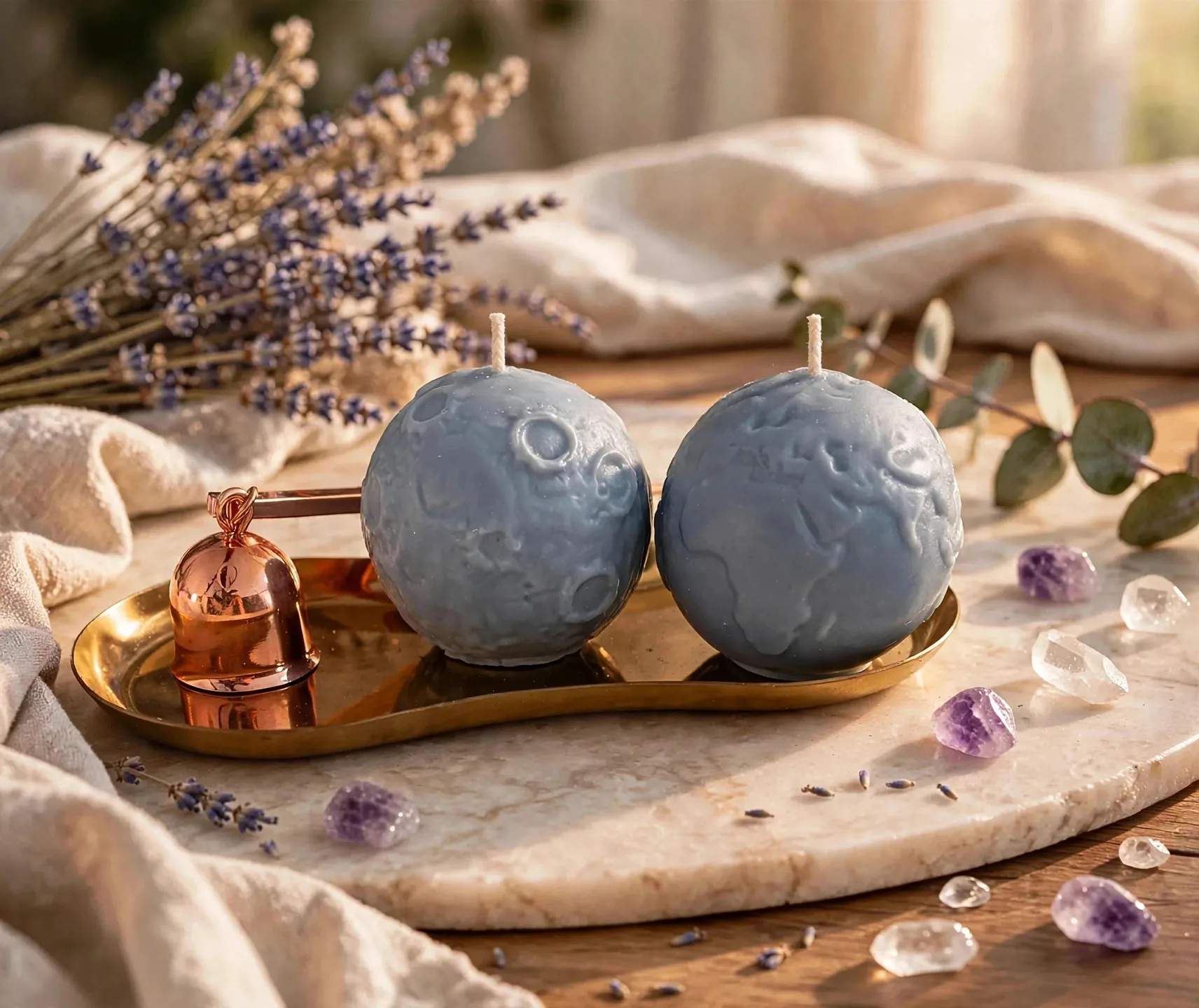 3D Earth & Moon Candle Set — styled home decor scene