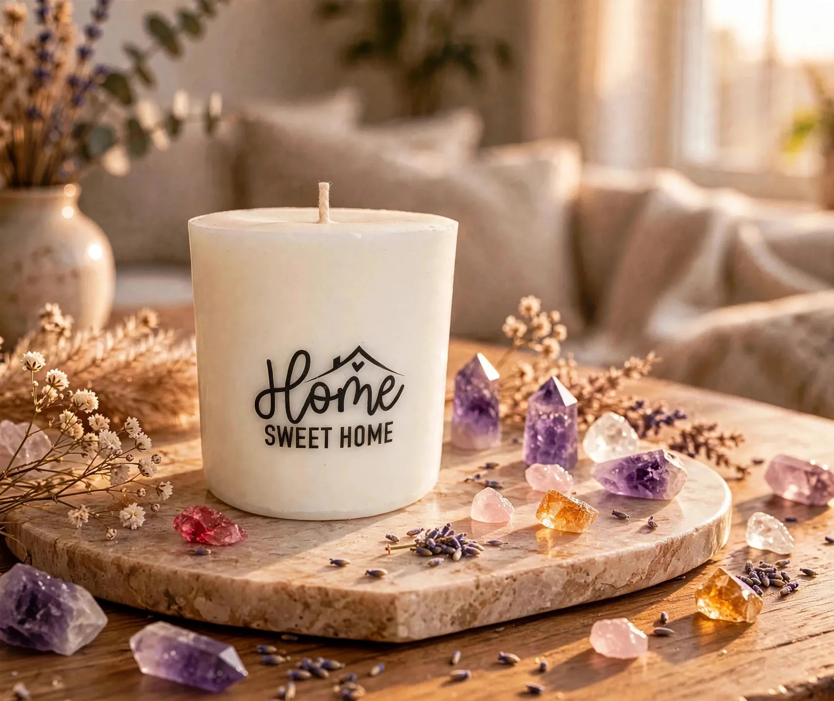 Olive Leaf Citron Pillar Candle — lifestyle photo