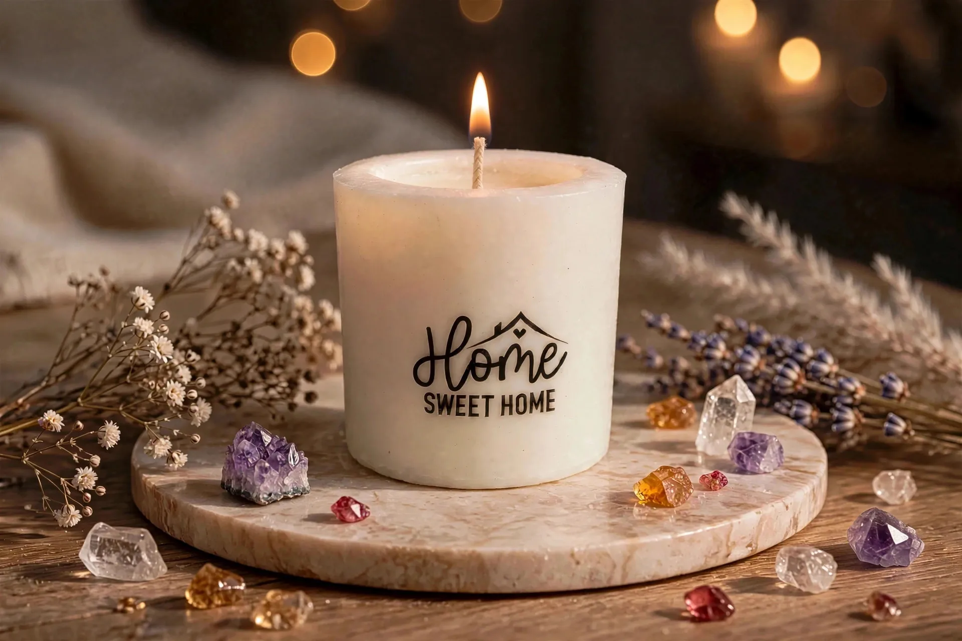 Olive Leaf Citron Pillar Candle — lit with a warm flame