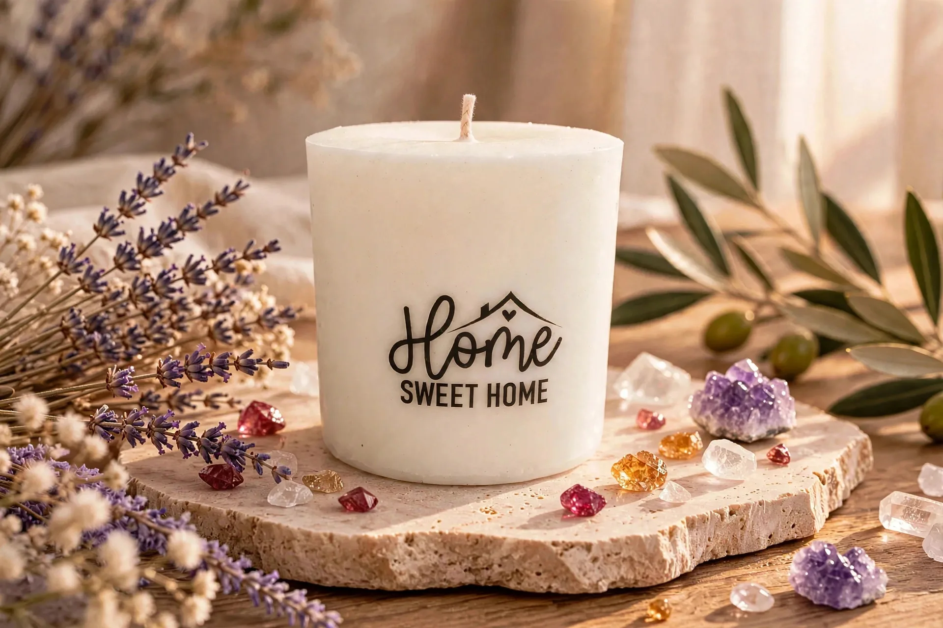 Olive Leaf Citron Pillar Candle — styled home decor scene