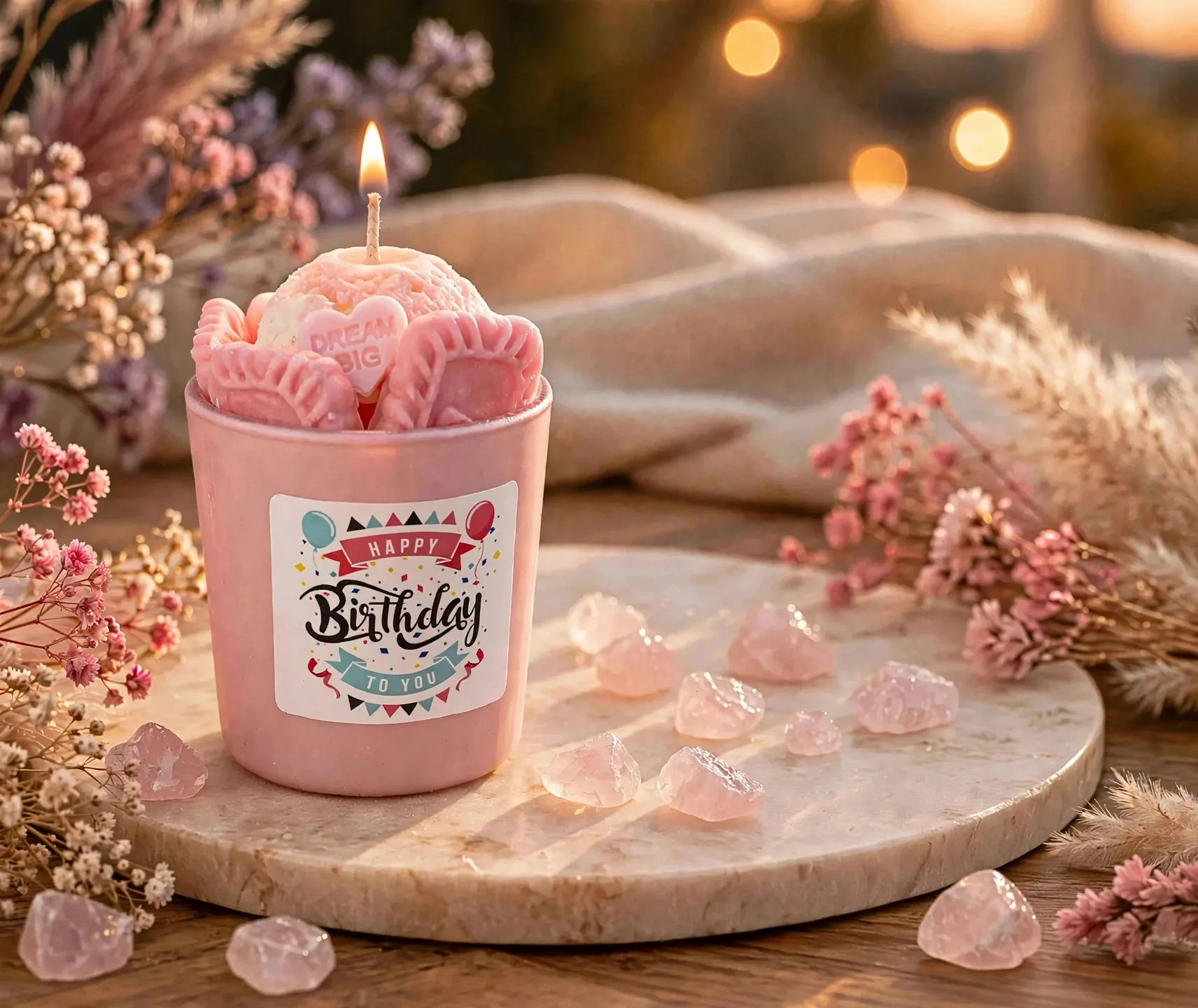 Personalized Birthday Soy Candle — lit with a warm flame