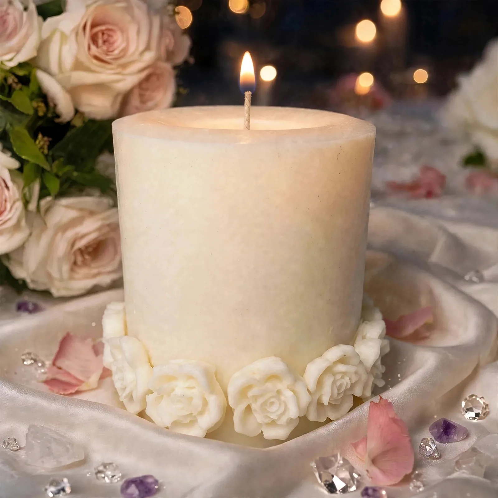 Coconut Soy Pillar Candle — lit with a warm flame