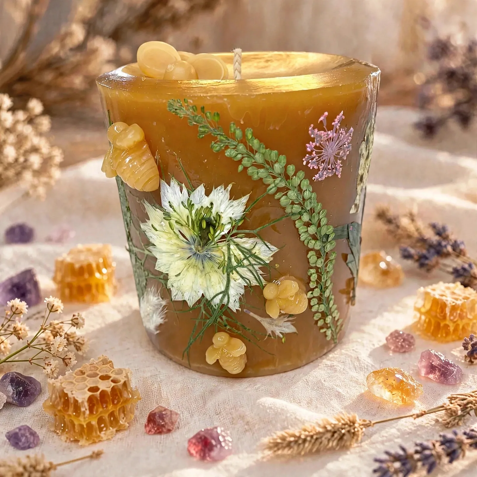 Beeswax Botanical Candle with Dried Flowers — close-up detail