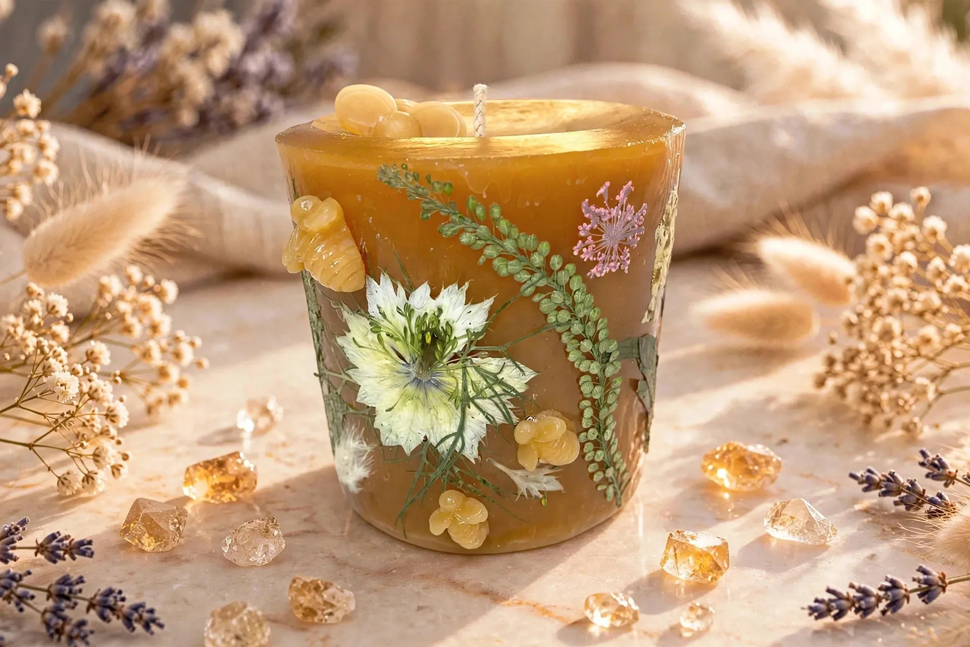 Beeswax Botanical Candle with Dried Flowers, Boho Rustic Home Décor
