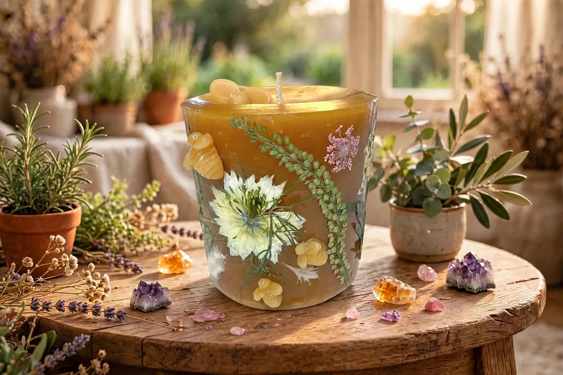 Beeswax Botanical Candle with Dried Flowers — lifestyle photo