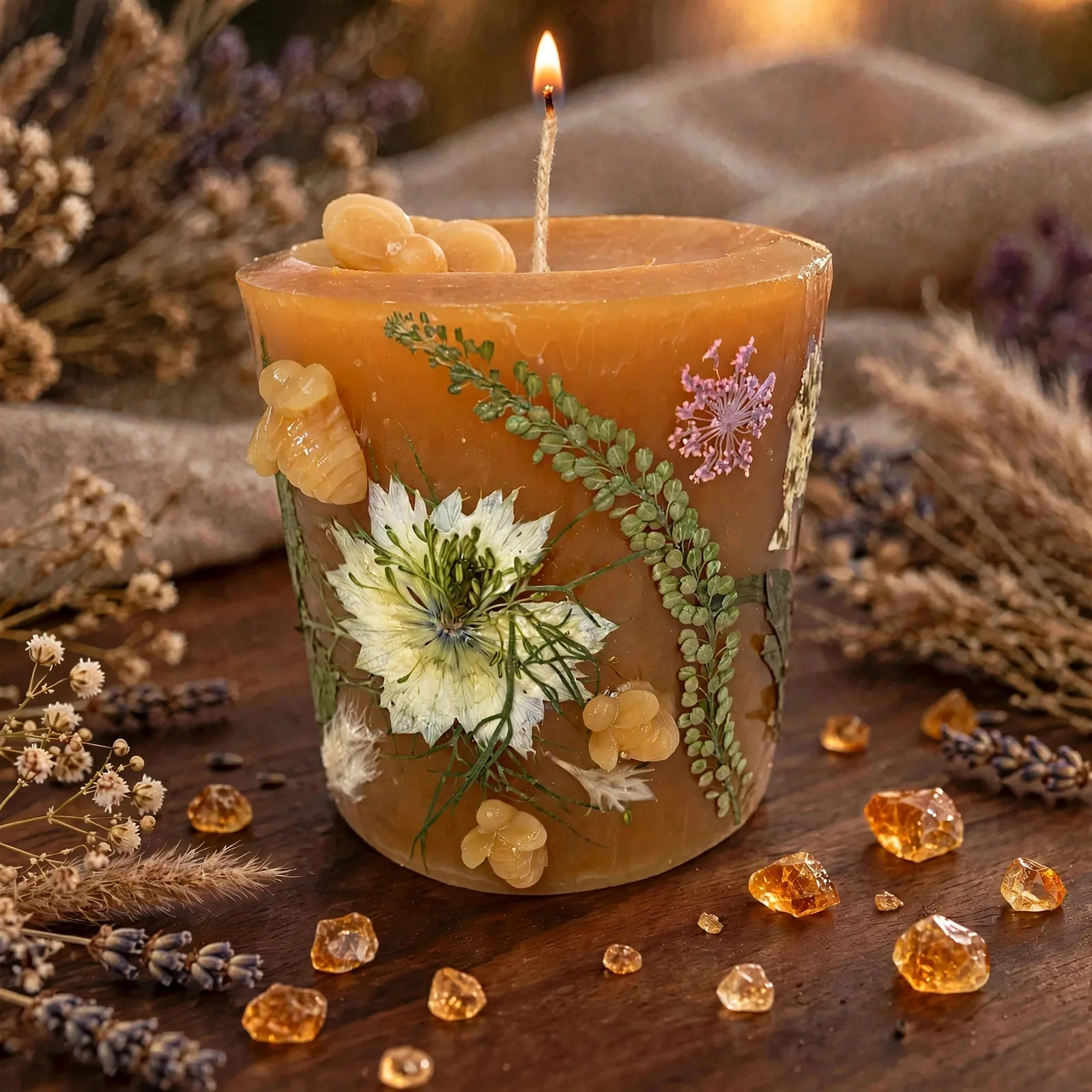 Beeswax Botanical Candle with Dried Flowers — lit with a warm flame
