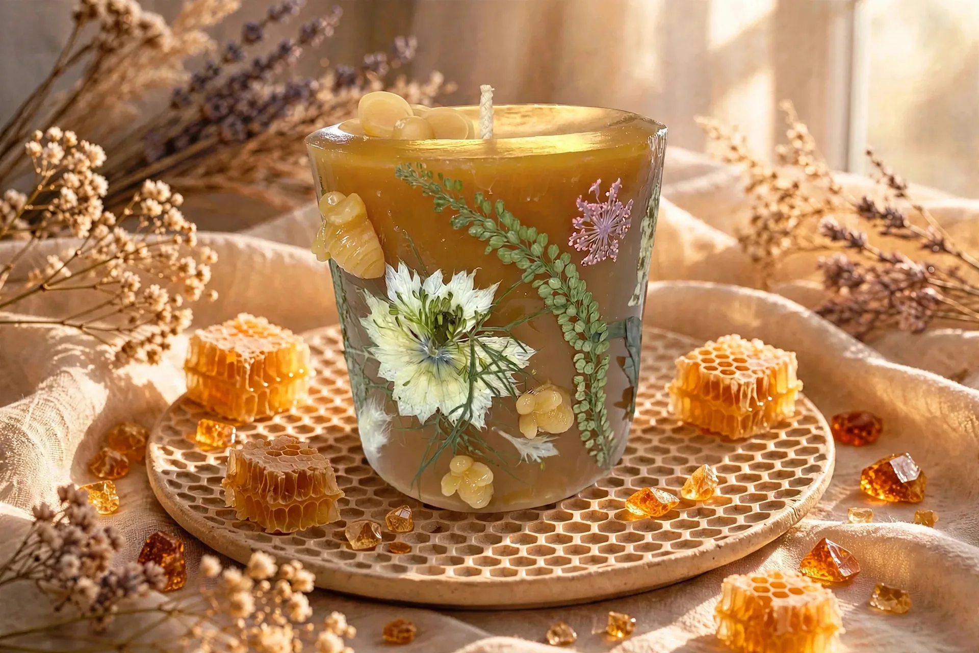 Beeswax Botanical Candle with Dried Flowers — styled home decor scene