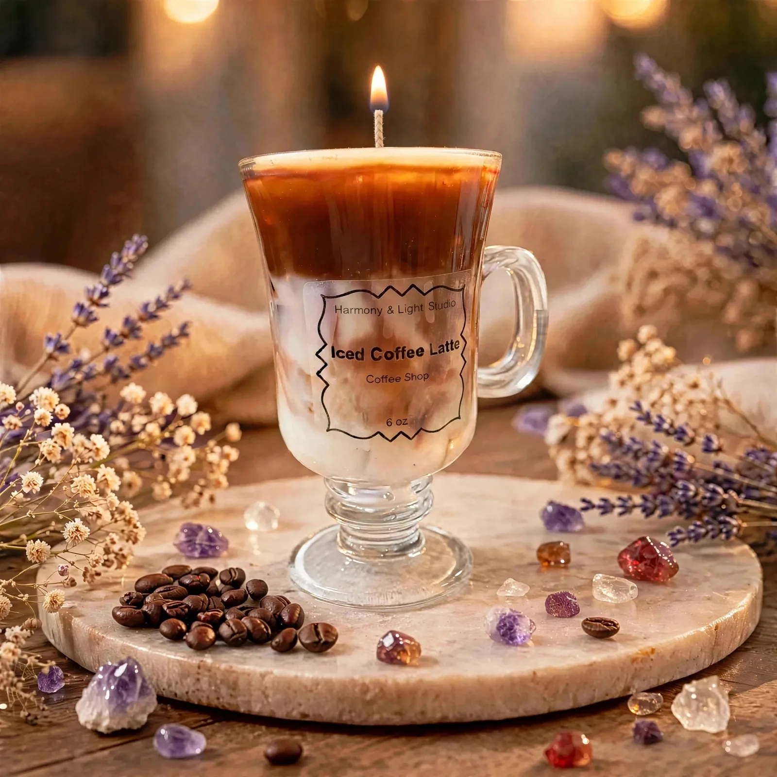 Custom Iced Coffee Latte Candle — lit with a warm flame