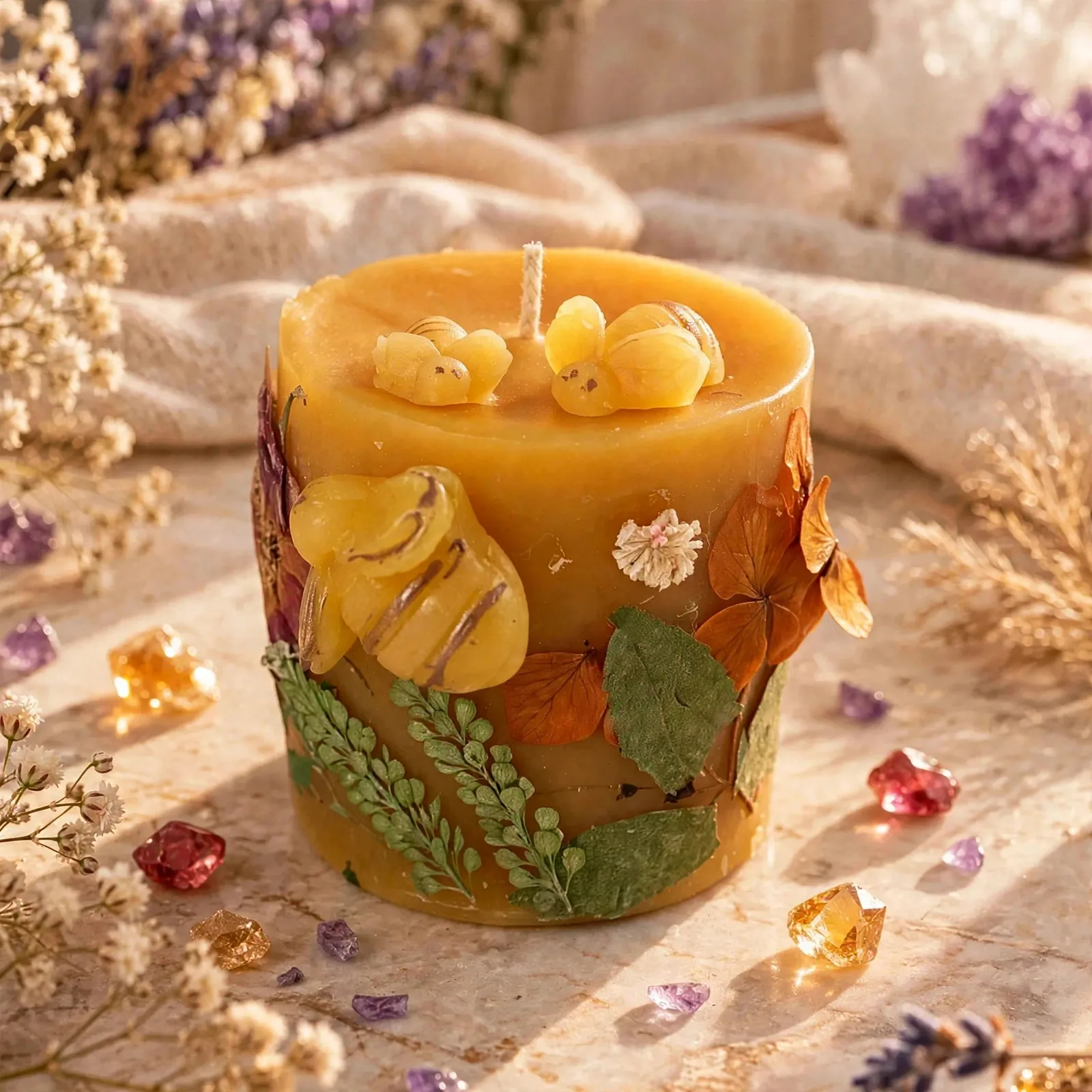 Botanical Beeswax Candle: Dried Flowers & Bee Decor — close-up detail