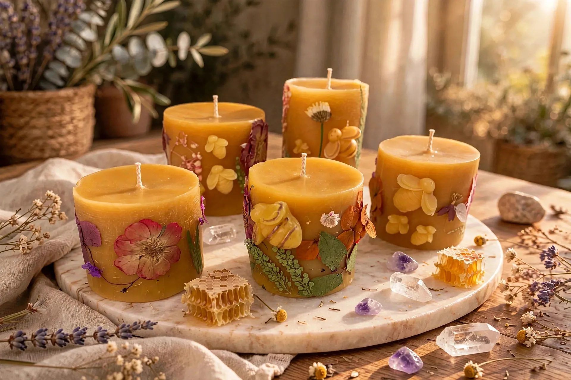 Botanical Beeswax Candle: Dried Flowers & Bee Decor — lifestyle photo