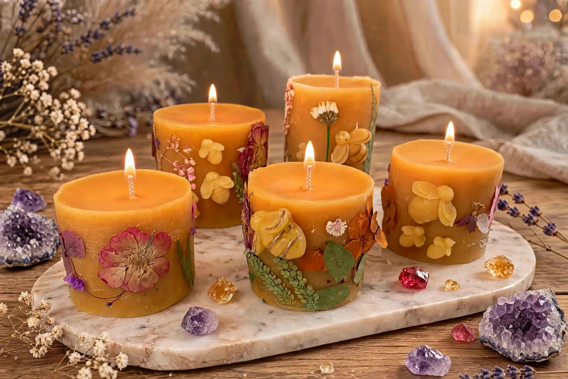 Botanical Beeswax Candle: Dried Flowers & Bee Decor — lit with a warm flame