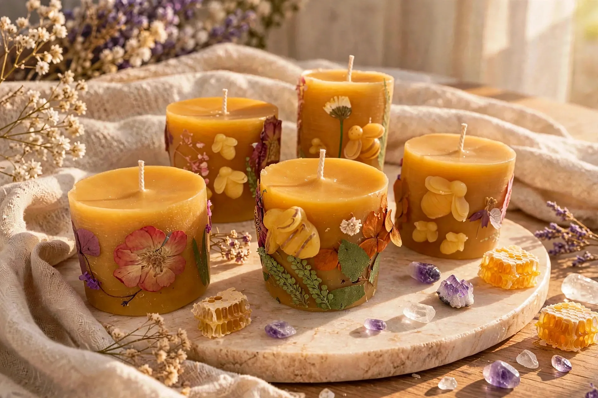 Botanical Beeswax Candle: Dried Flowers & Bee Decor — styled home decor scene