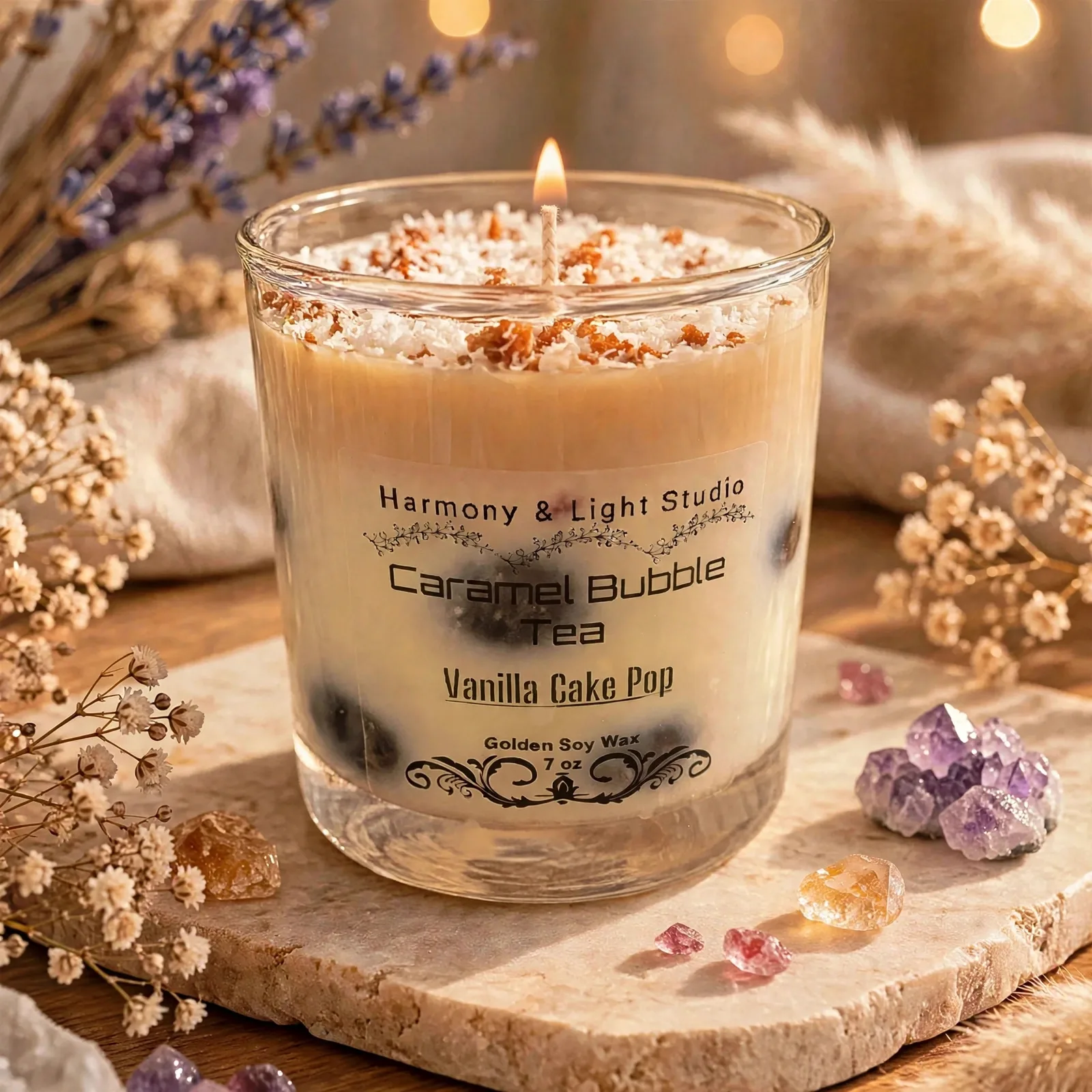 Caramel Bubble Tea Candle — lit with a warm flame