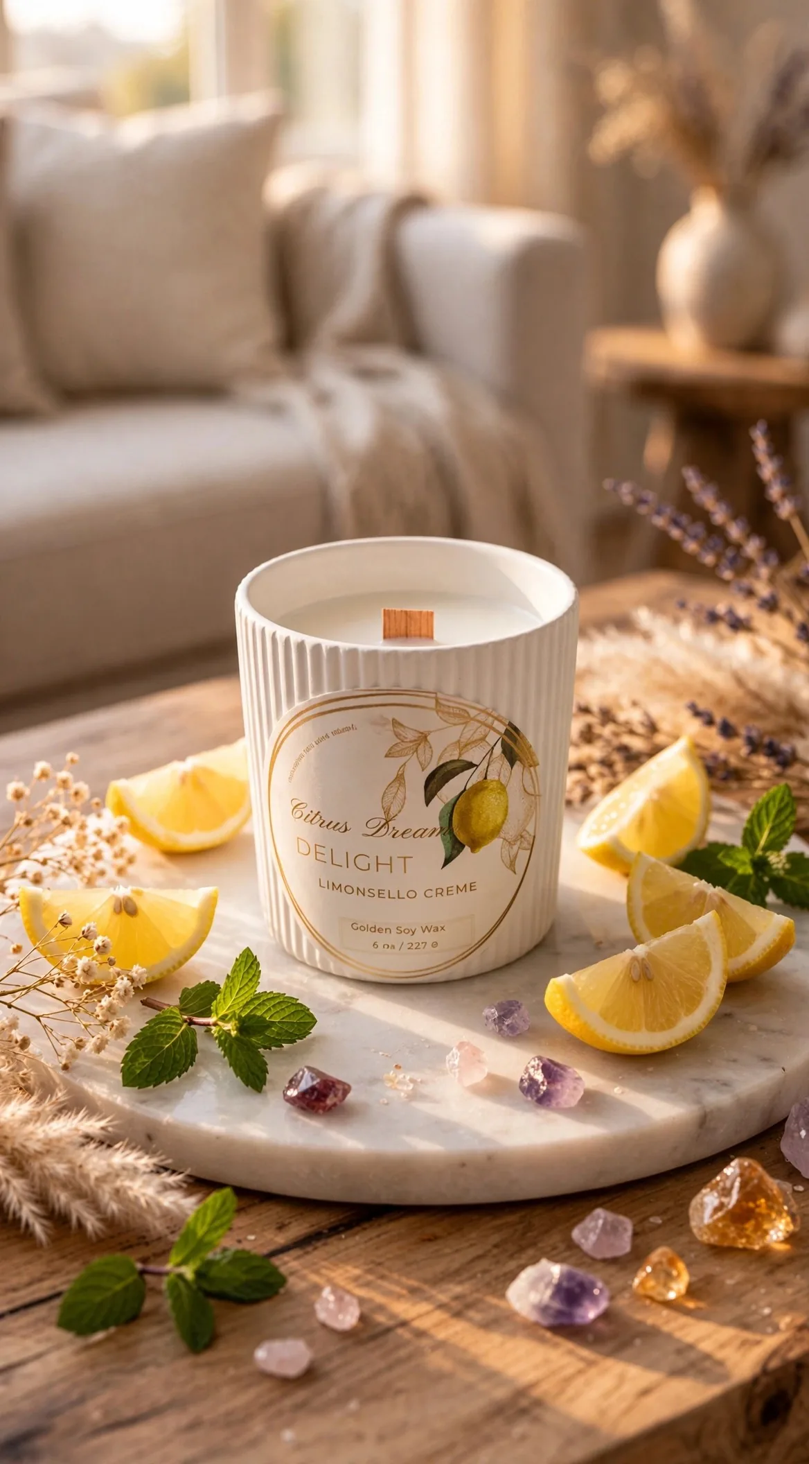 Hand-poured citrus soy candle in a jesmonite vessel, styled in warm natural light