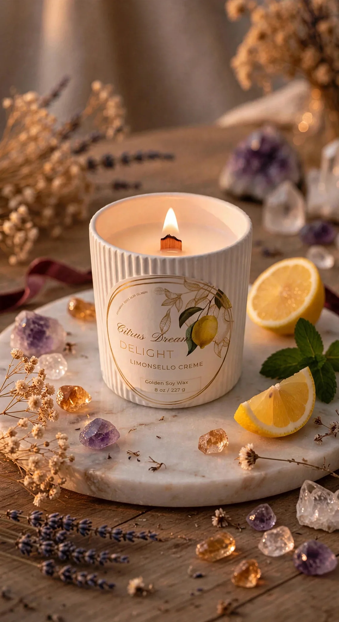 Handcrafted Citrus Soy Candle in Jesmonite Vessel — lit with a warm flame