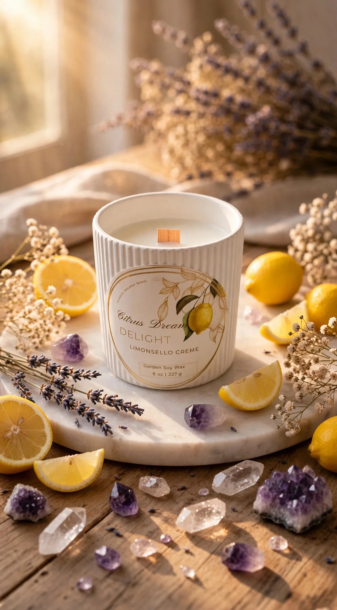 Handcrafted Citrus Soy Candle in Jesmonite Vessel — styled home decor scene