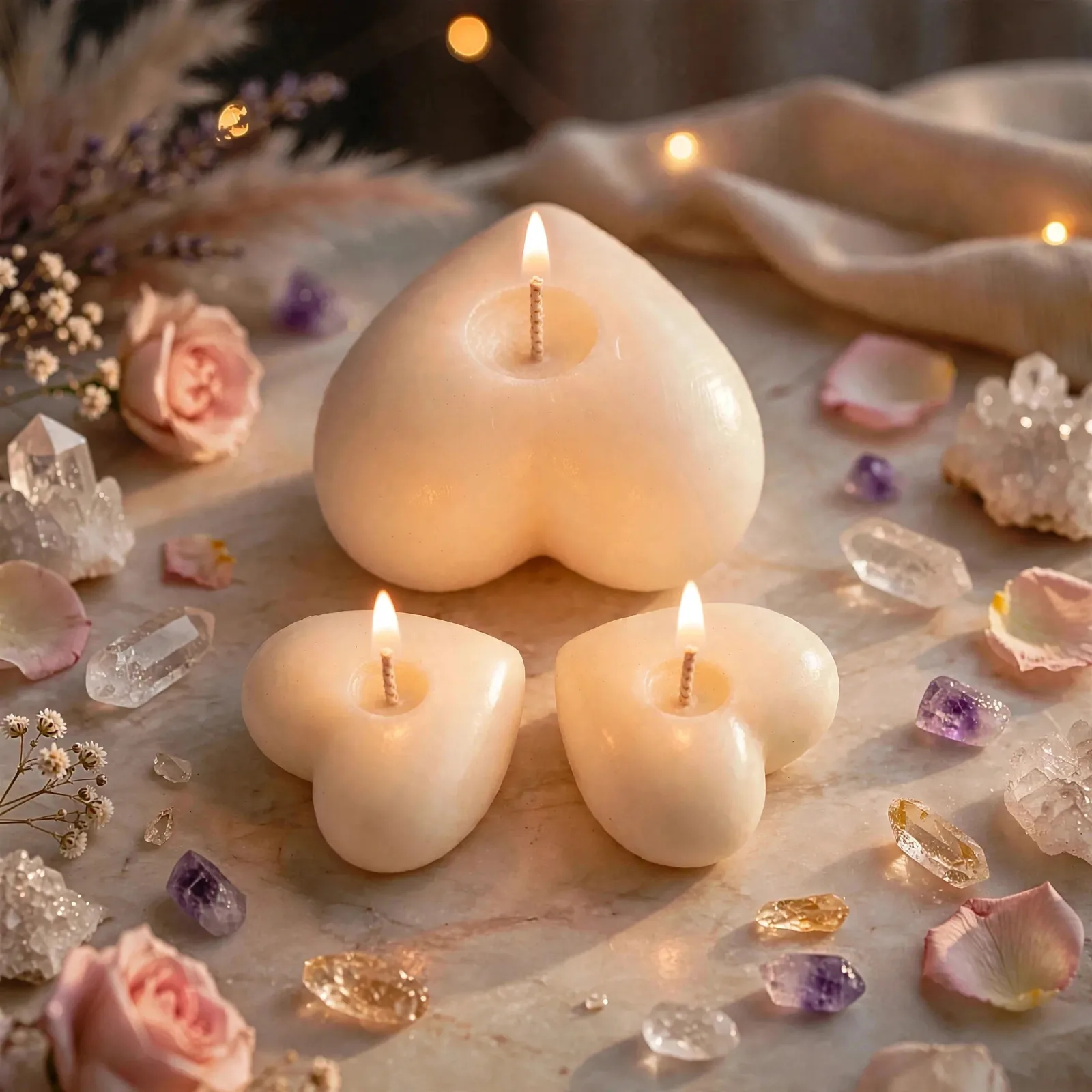 Heart Pillar Candle Wedding Favors: Rose Scented — lit with a warm flame