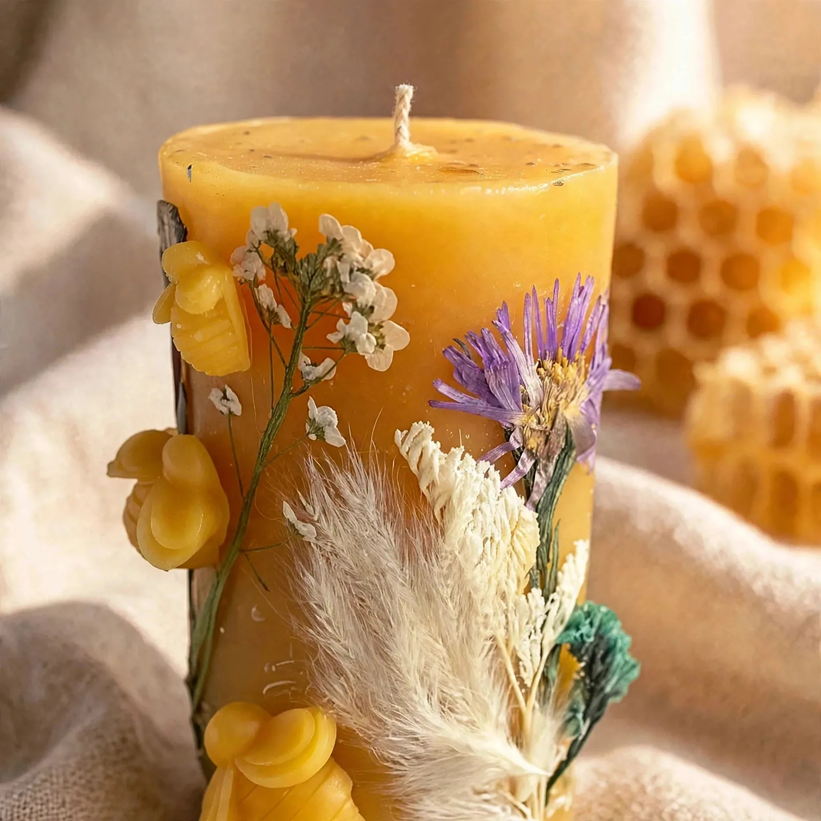 Nature Inspired Beeswax Candle with Dried Flowers: — close-up detail