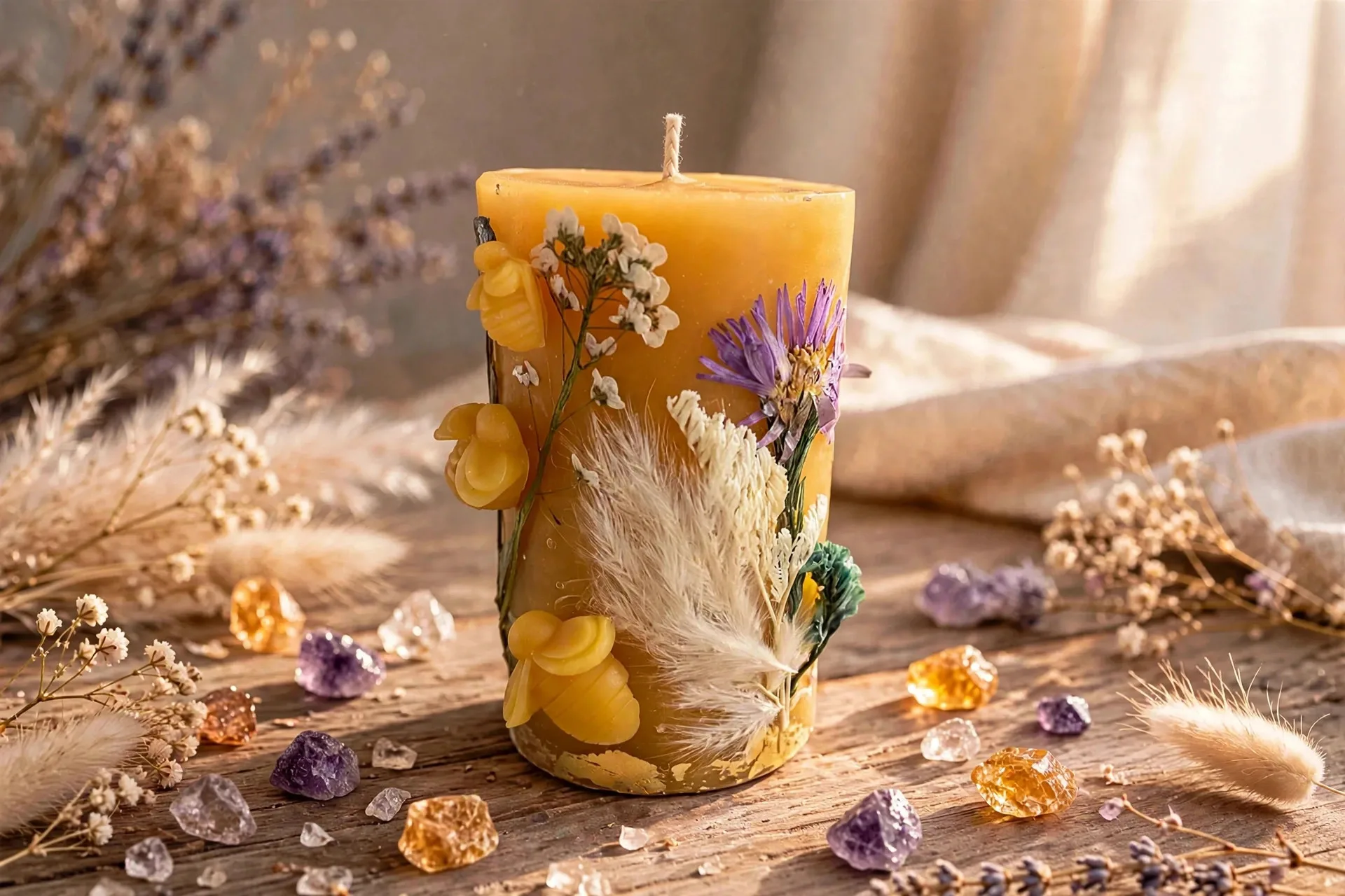 Nature Inspired Beeswax Candle with Dried Flowers: Eco-Friendly Floral Gift