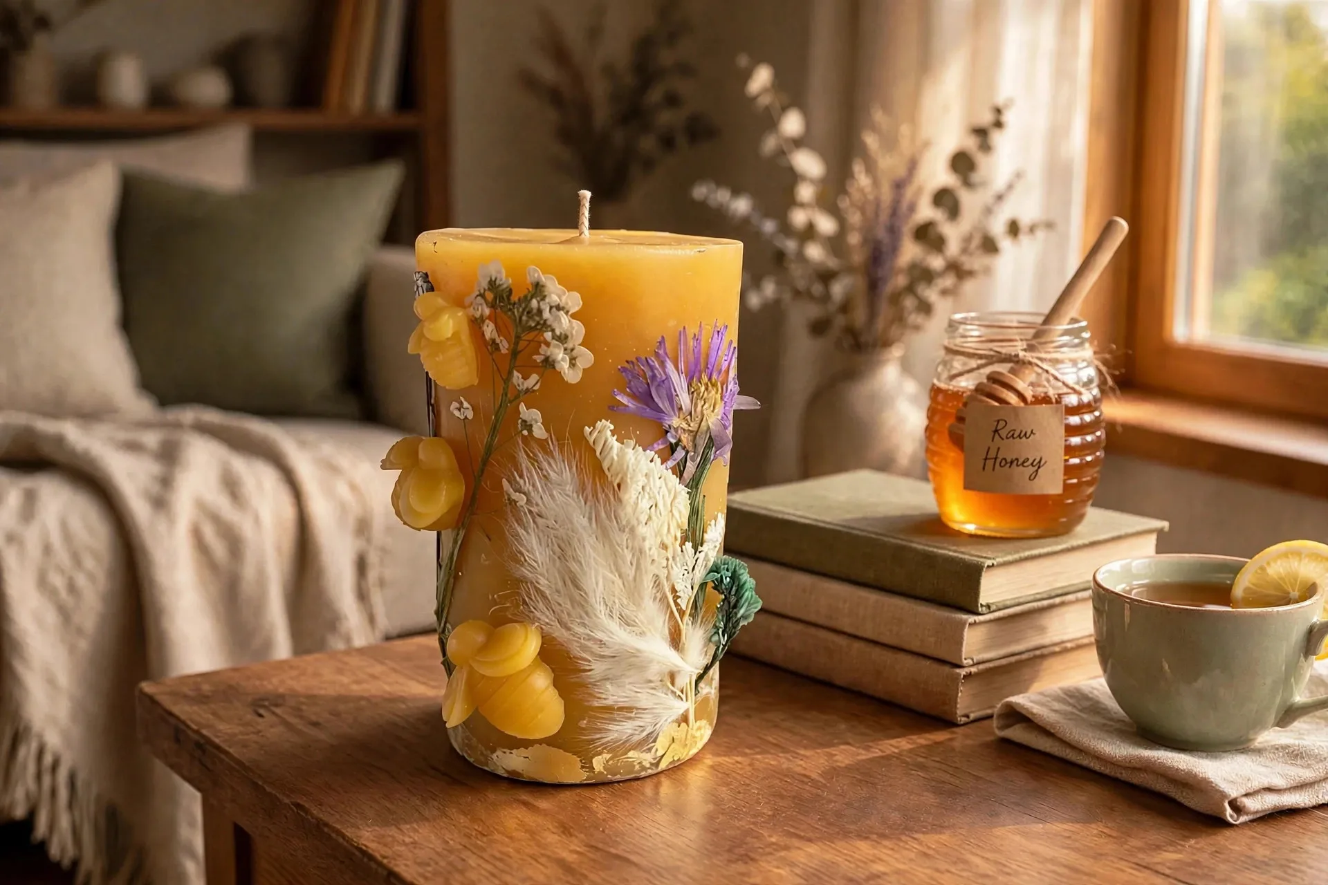 Nature Inspired Beeswax Candle with Dried Flowers: — lifestyle photo