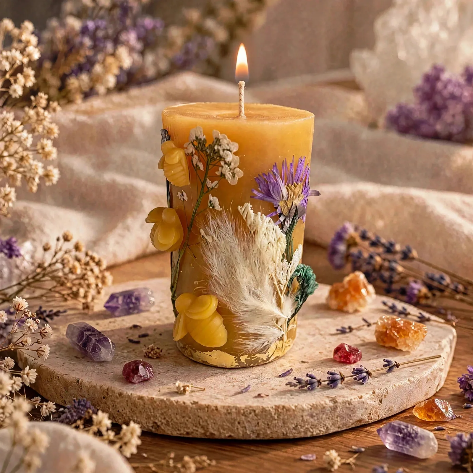 Nature Inspired Beeswax Candle with Dried Flowers: — lit with a warm flame