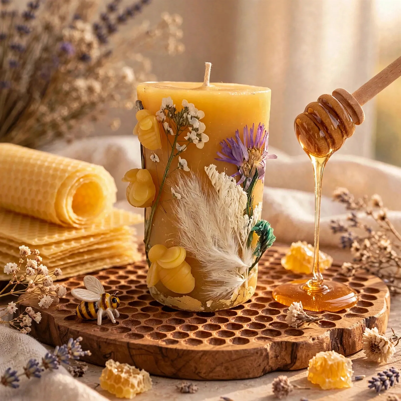 Nature Inspired Beeswax Candle with Dried Flowers: — styled home decor scene