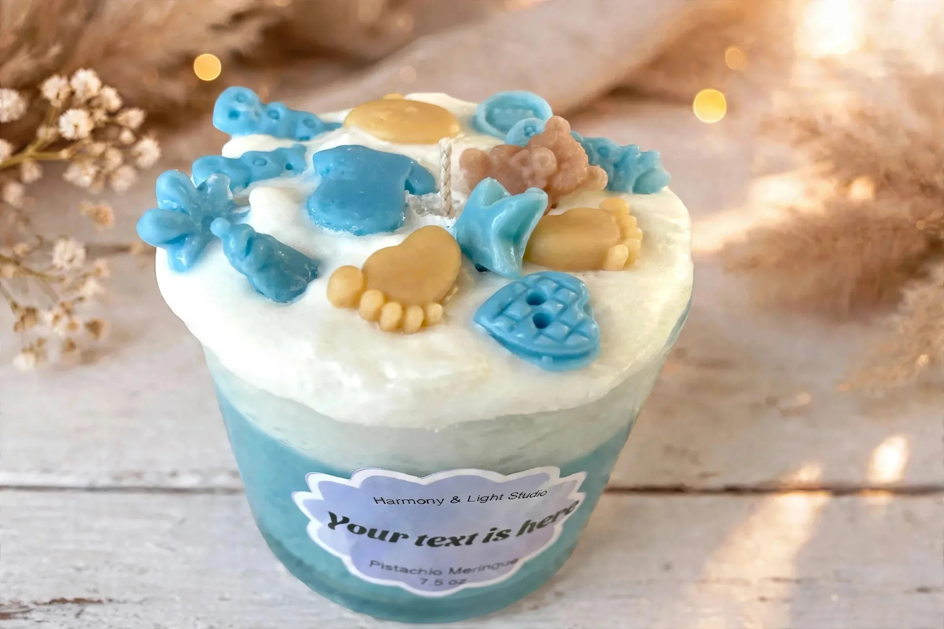 Custom Baby Shower Candle: Pistachio Meringue Scent — close-up detail